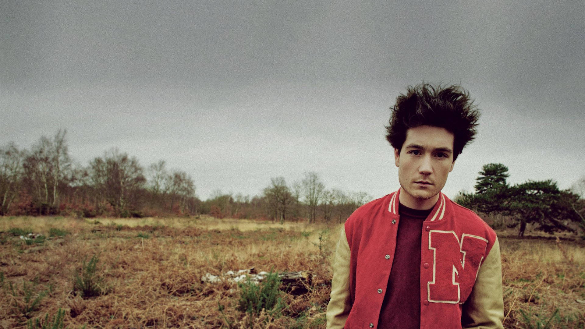 Bastille, red letterman jacket, barren field, Full HD Desktop Wallpaper