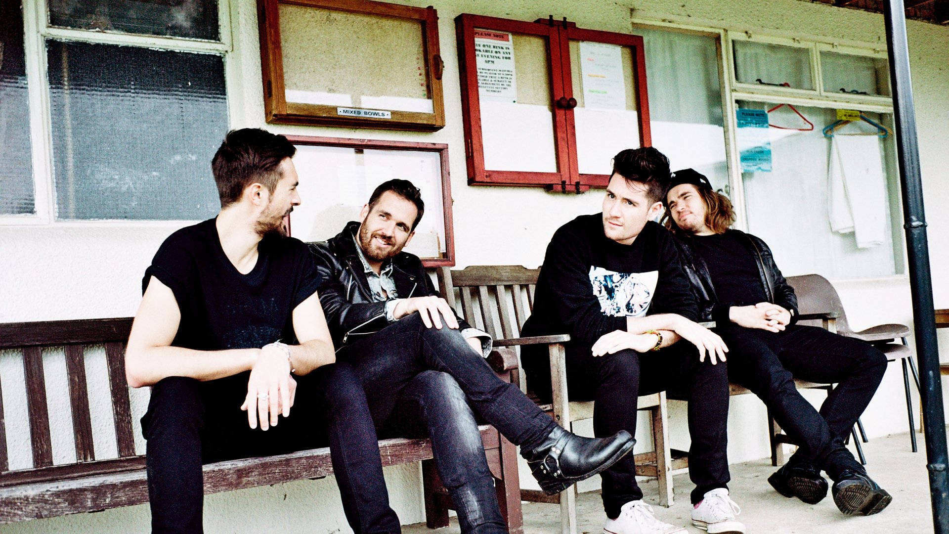 Bastille, band, wooden benches, Full HD Desktop Wallpaper
