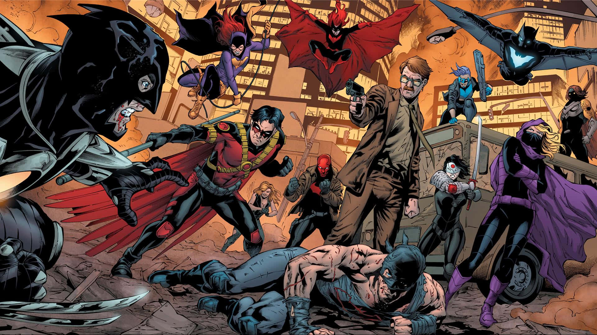 Bat-family, comic book, urban battle scene, Full HD Desktop Wallpaper