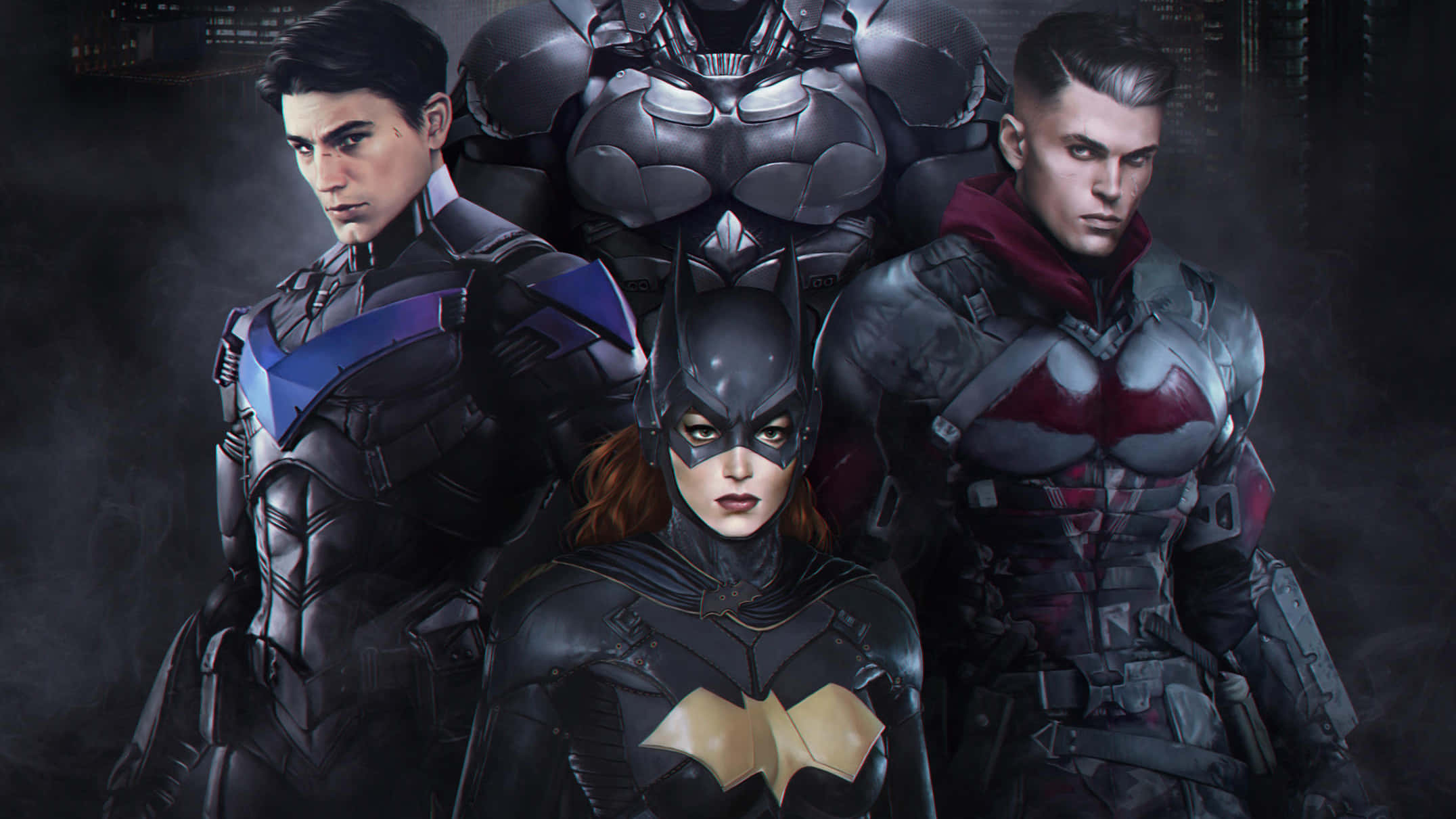 Bat-family, armored vigilantes, dark smoky urban setting, Full HD Desktop Wallpaper