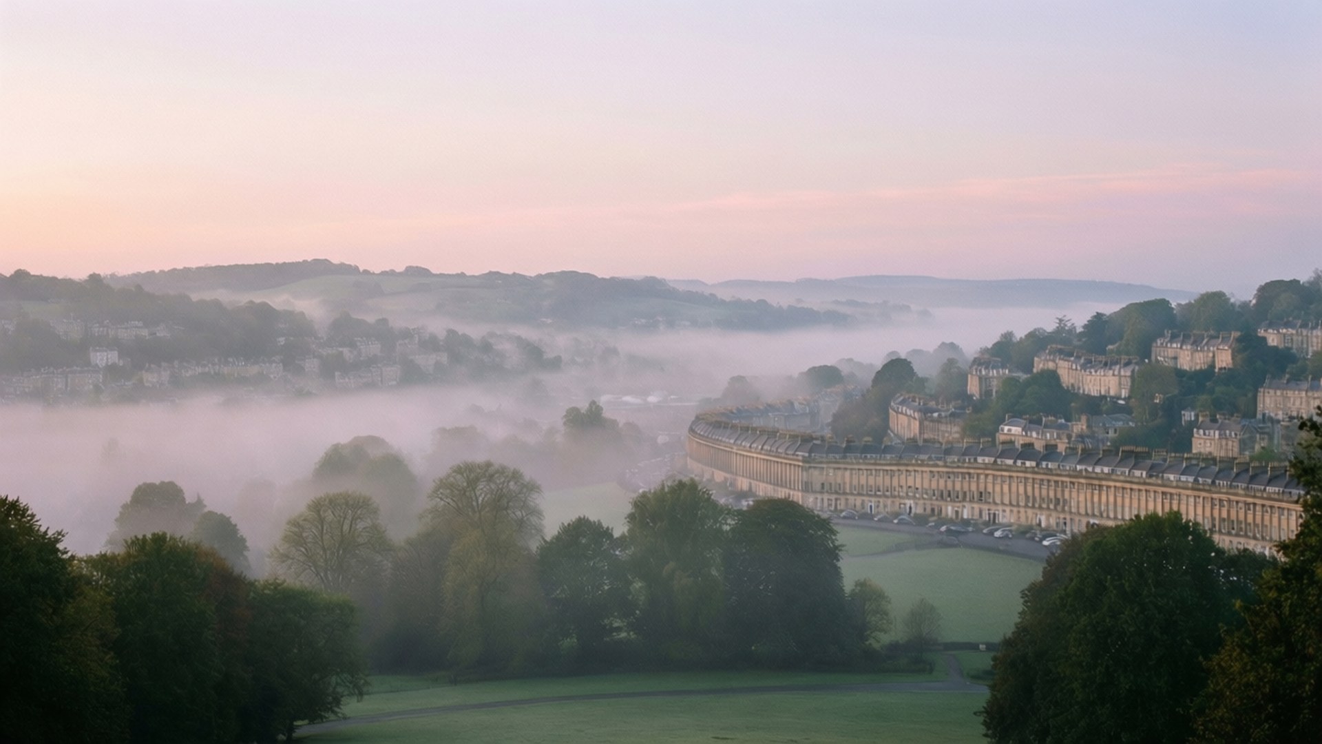 Bath, hilltop park, foggy view, Full HD Desktop Wallpaper
