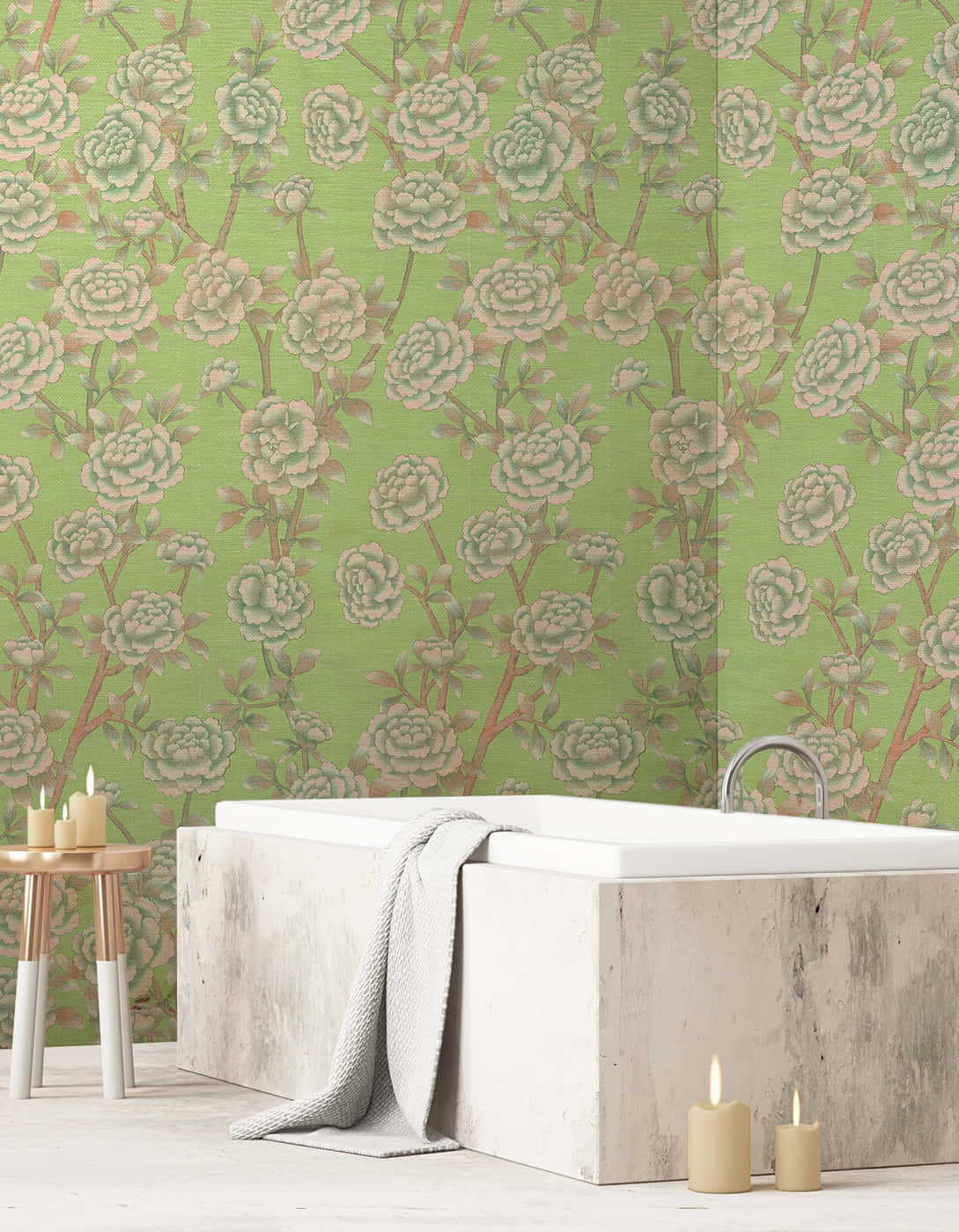 concrete bathtub, vibrant green floral wallpaper, soft lit candles, HD Phone Wallpaper