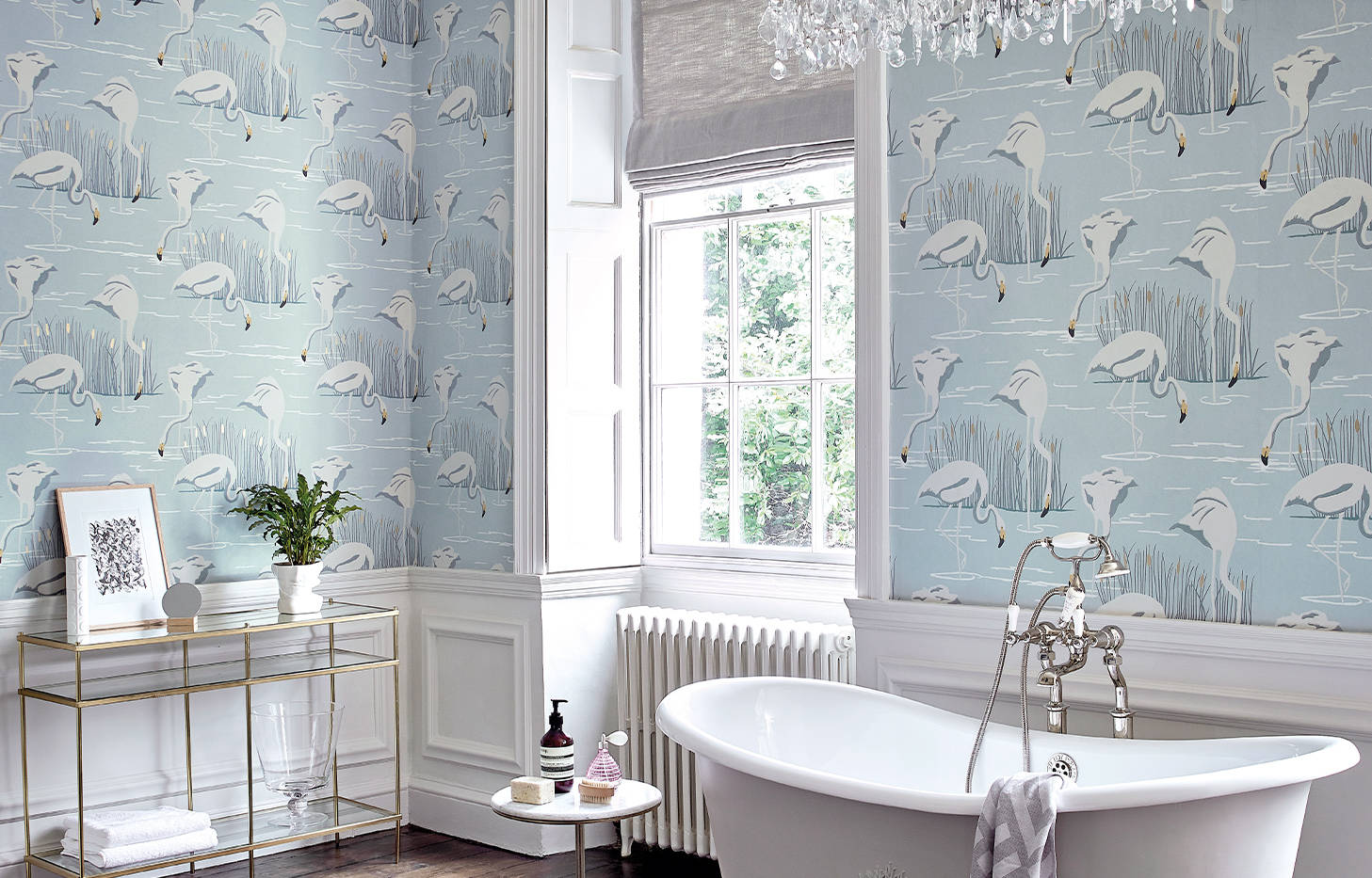 marble bathtub, light blue flamingo wallpaper, white freestanding tub, HD Desktop Wallpaper
