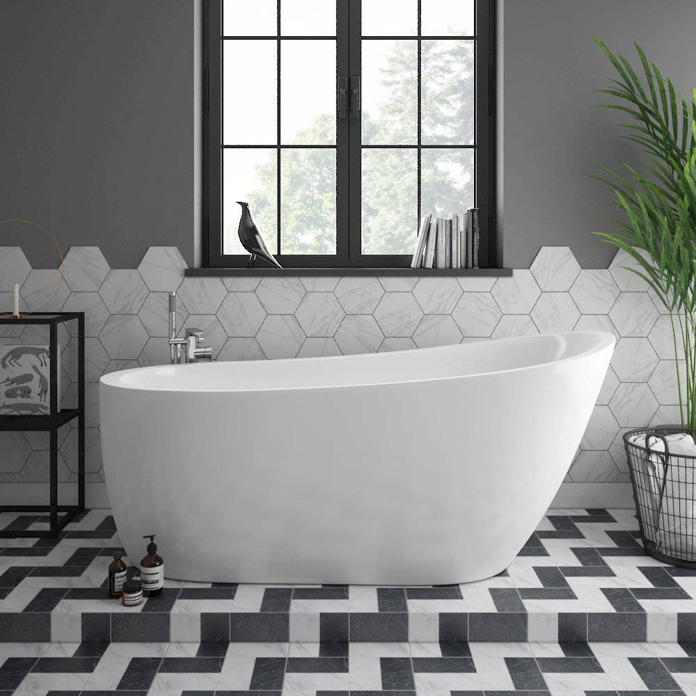 double ended soaking bathtub, freestanding bathtub, monochrome bathroom, SD Desktop Wallpaper