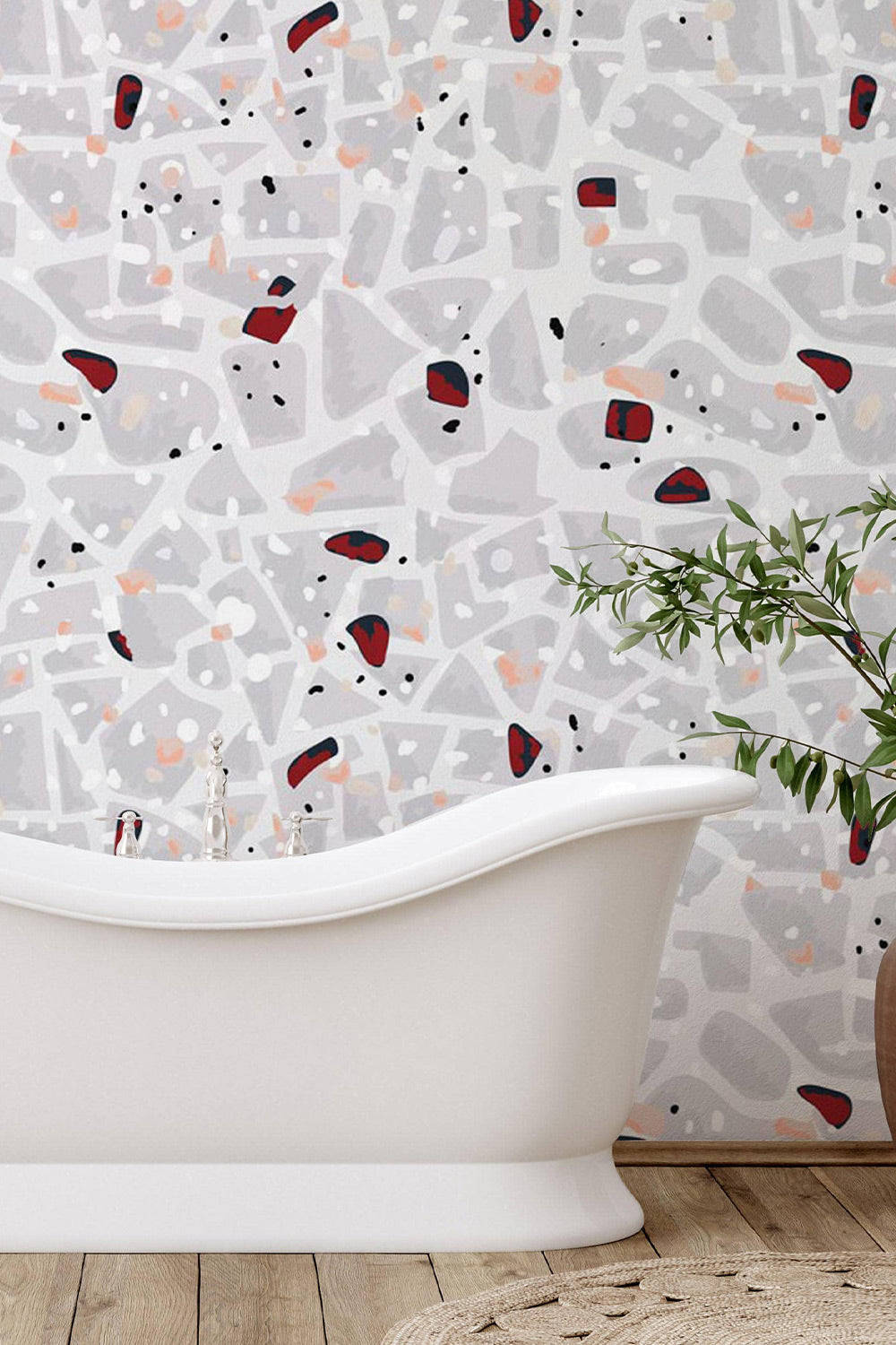 white freestanding bathtub, geometric terrazzo-patterned wallpaper, red orange, HD Phone Wallpaper