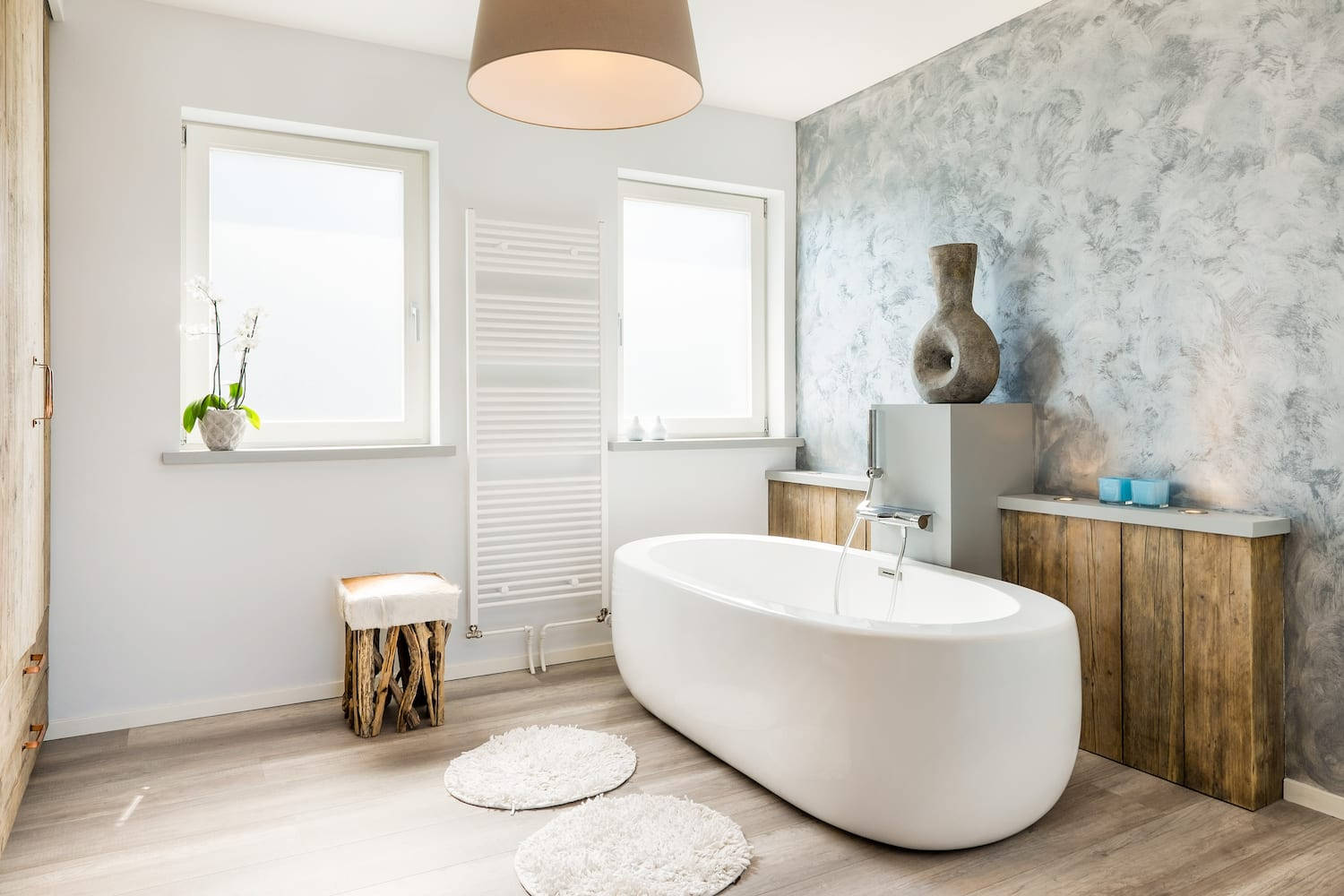 white oblong bathtub, freestanding white bathtub, wooden accents, HD Desktop Wallpaper