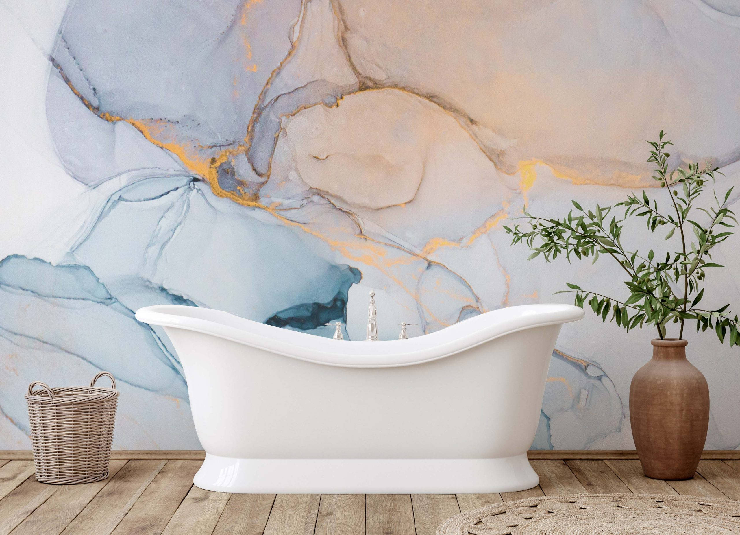white freestanding bathtub, flowing abstract mural, blue beige and gold tones, 2K Desktop Wallpaper