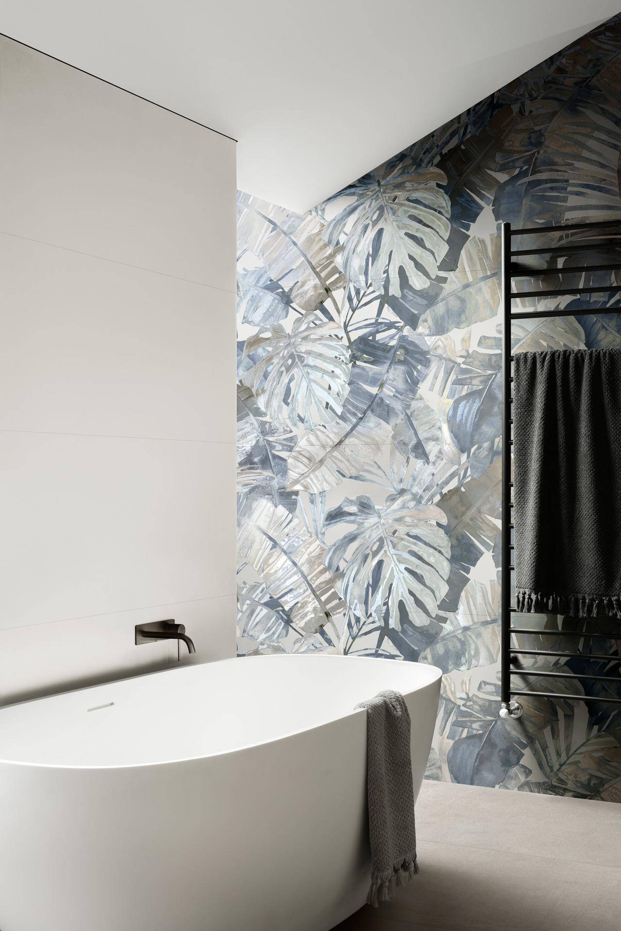freestanding white bathtub, monstera leaf wallpaper, muted blues, Full HD Phone Wallpaper