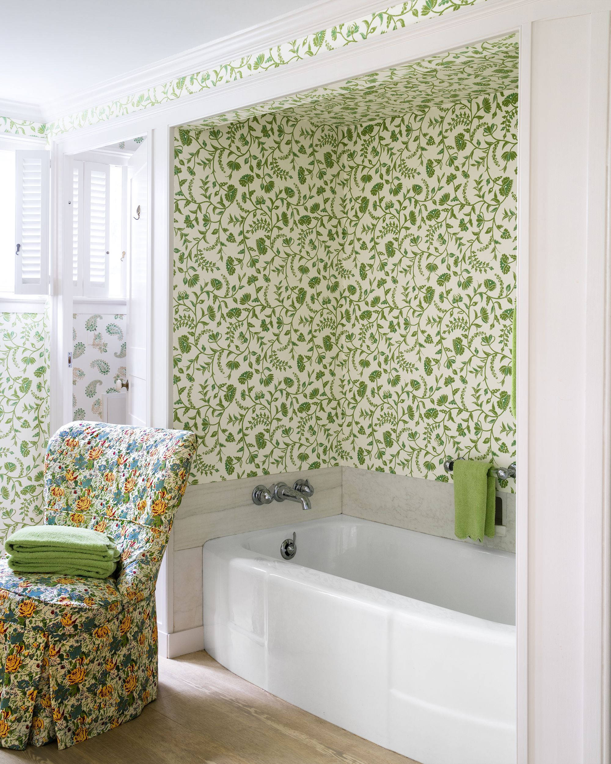 white bathtub, floral armchair, green vine-patterned wallpaper, Full HD Phone Wallpaper