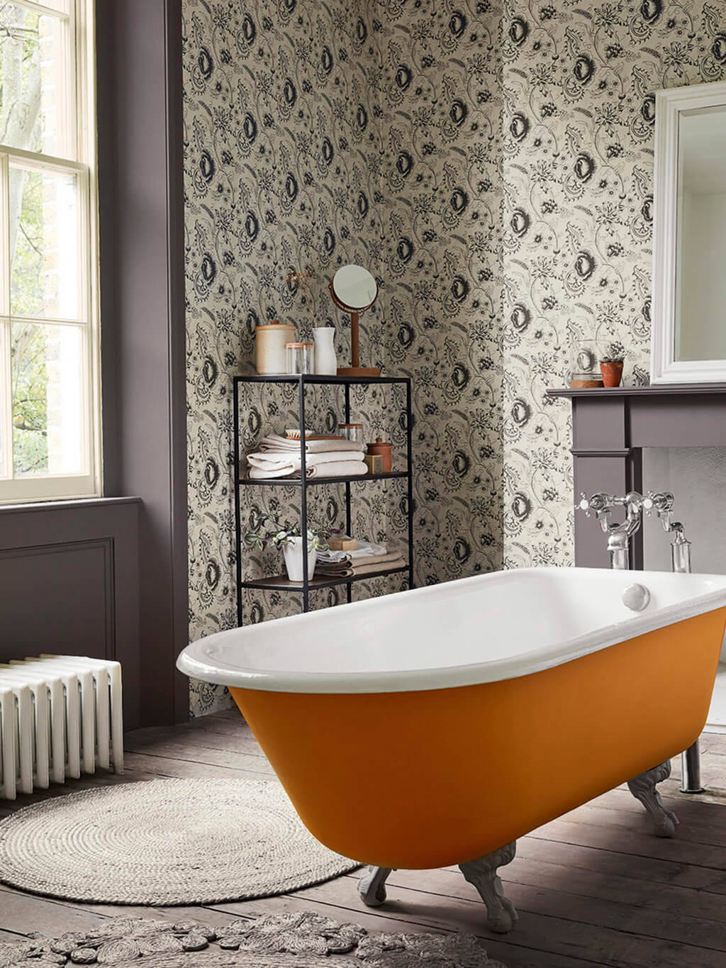 orange clawfoot bathtub, moody bathroom, intricate black and beige wallpaper, HD Phone Wallpaper