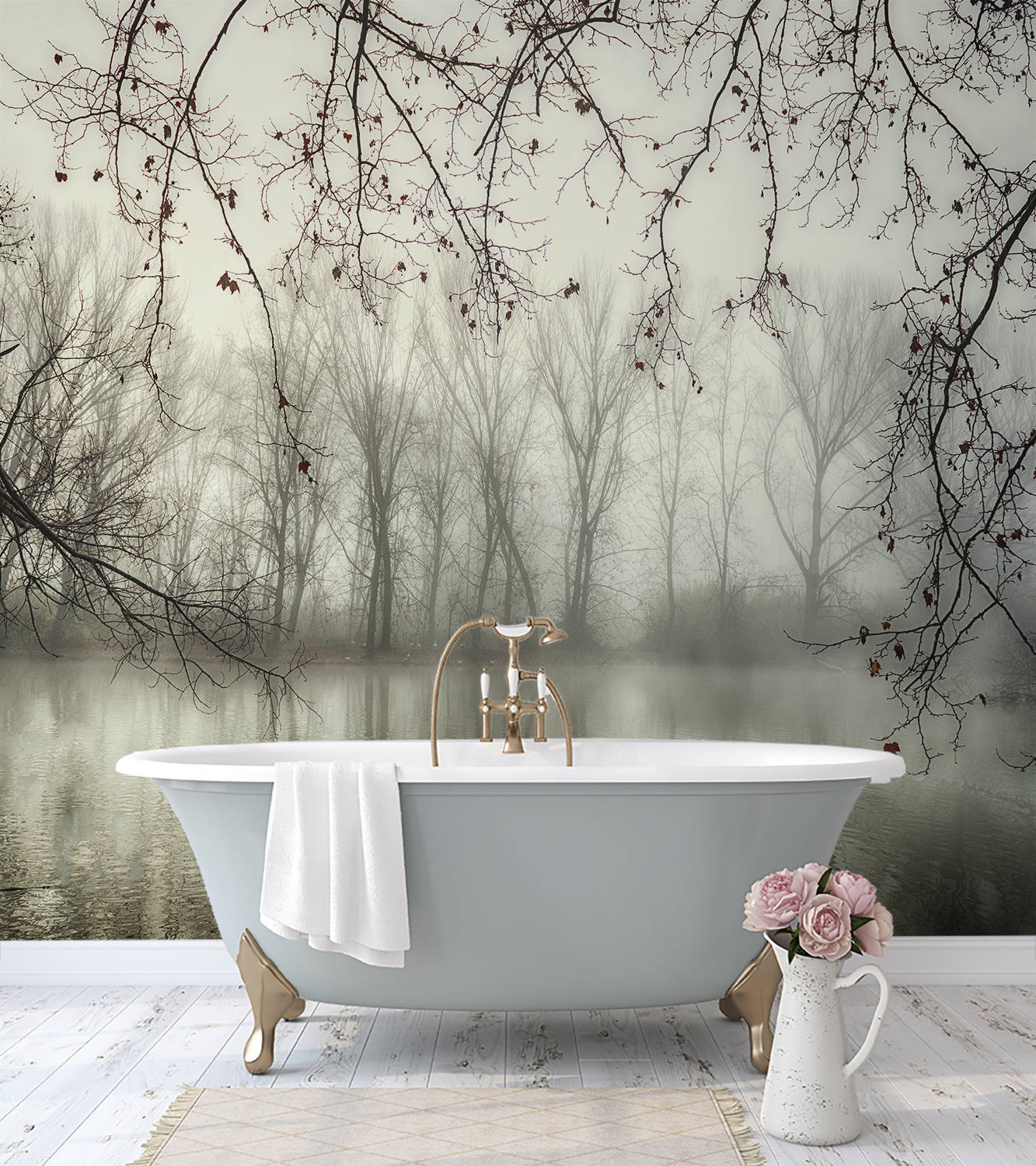 Bathtub, freestanding bathtub, forest wallpaper, HD Phone Wallpaper