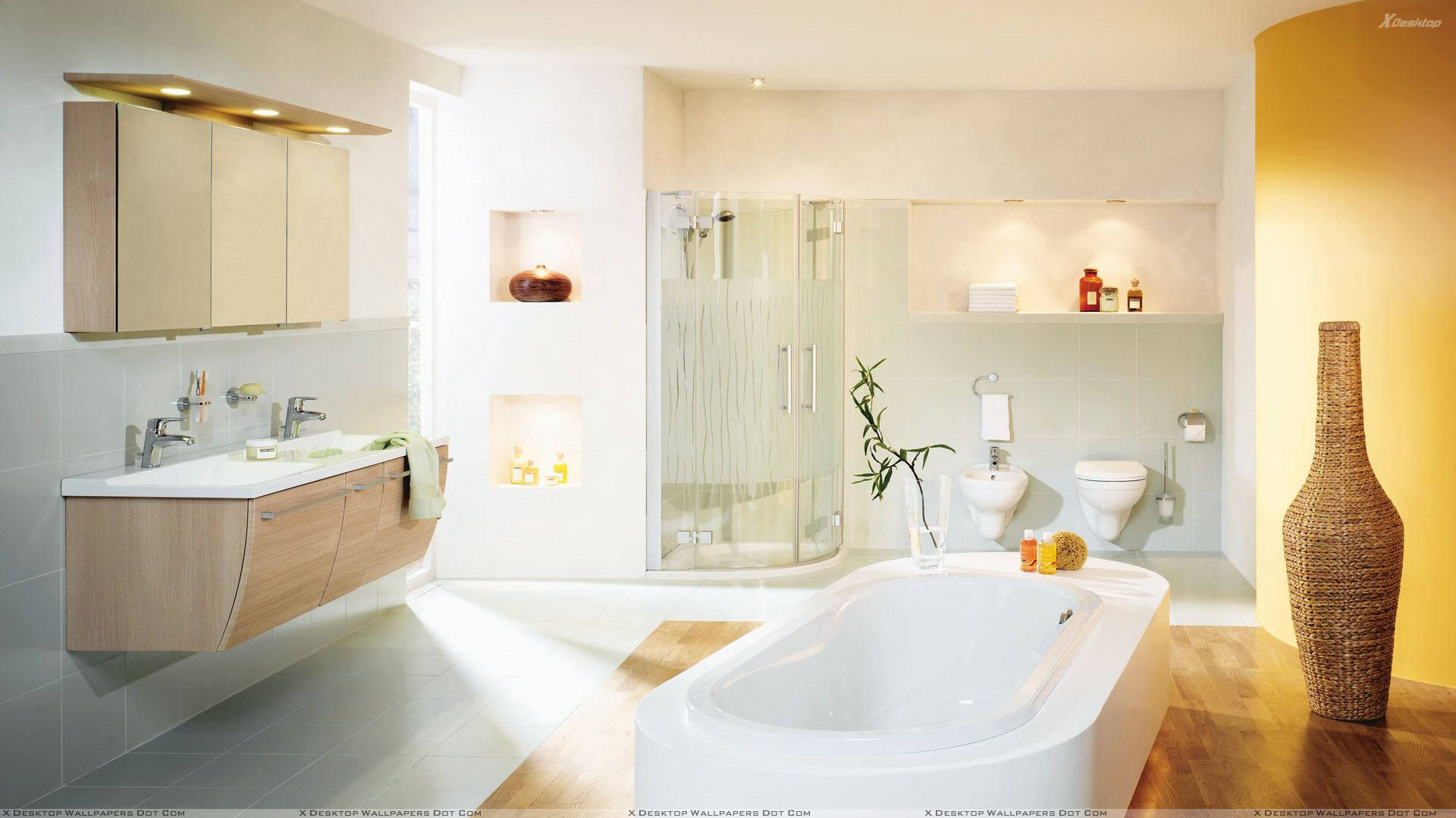white bathtub, wooden vanity, glass shower, Full HD Desktop Wallpaper