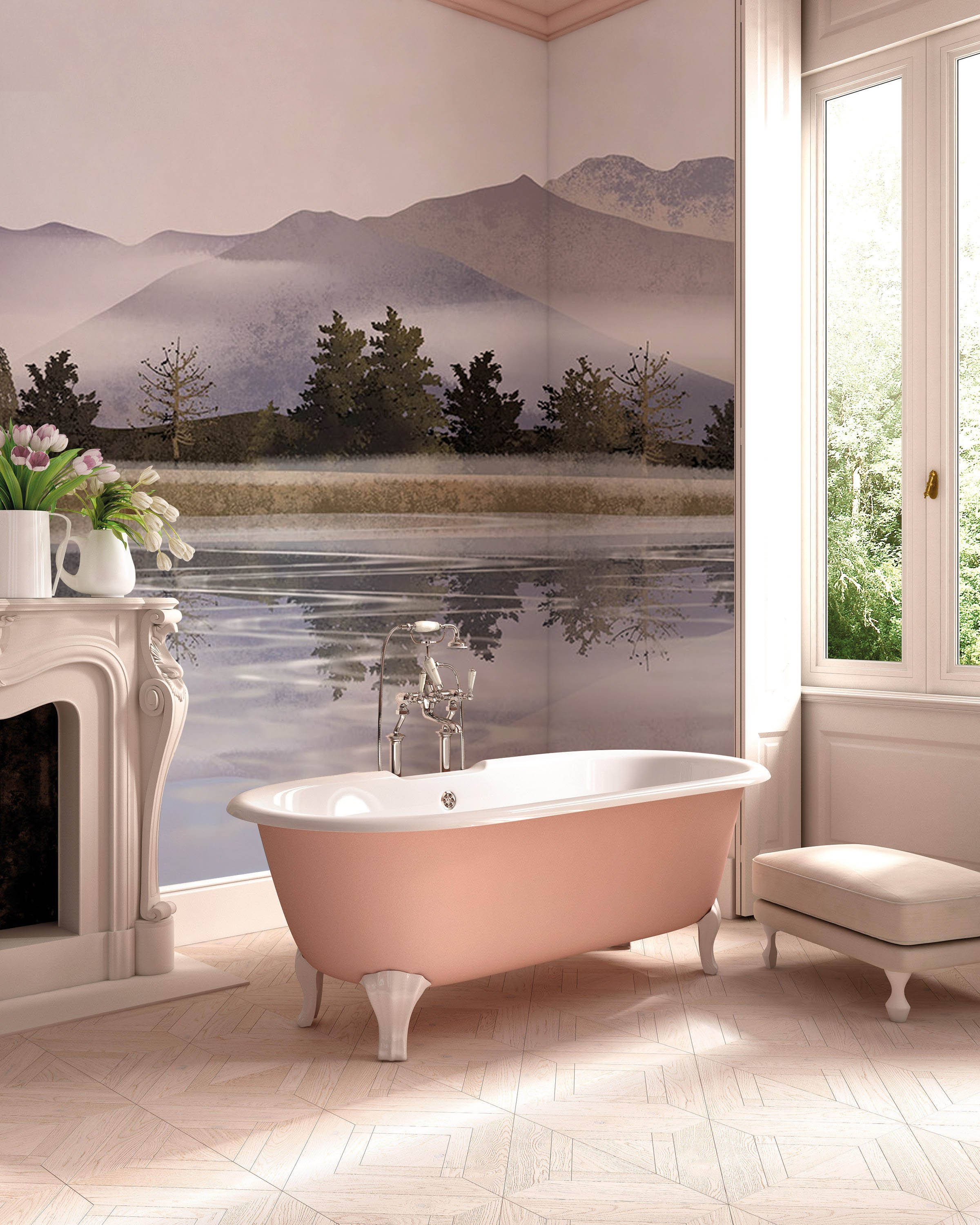 Bathtub Mountain Lake, pink clawfoot bathtub, sunlit bathroom, 2K Phone Wallpaper