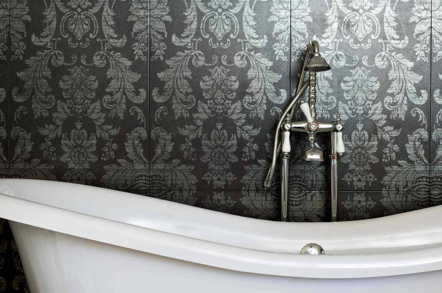 clawfoot bathtub, dark gray damask wallpaper, ornate silver patterns, HD Desktop Wallpaper