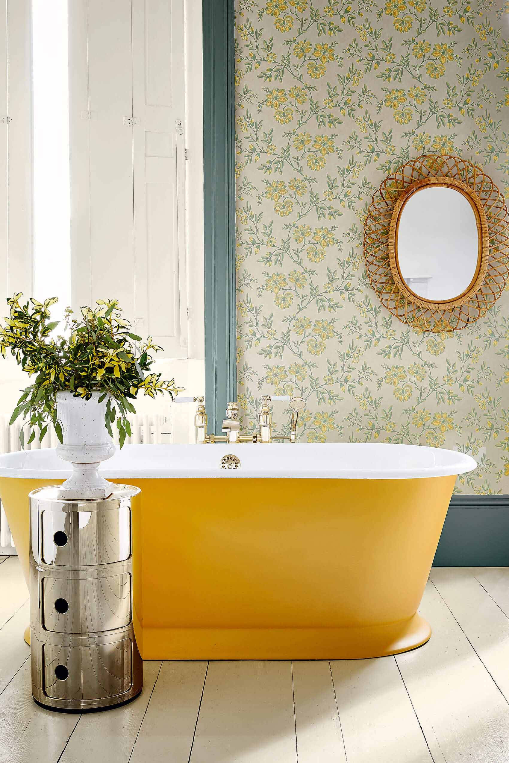 yellow freestanding bathtub, sunlit bathroom, floral wallpaper, Full HD Phone Wallpaper