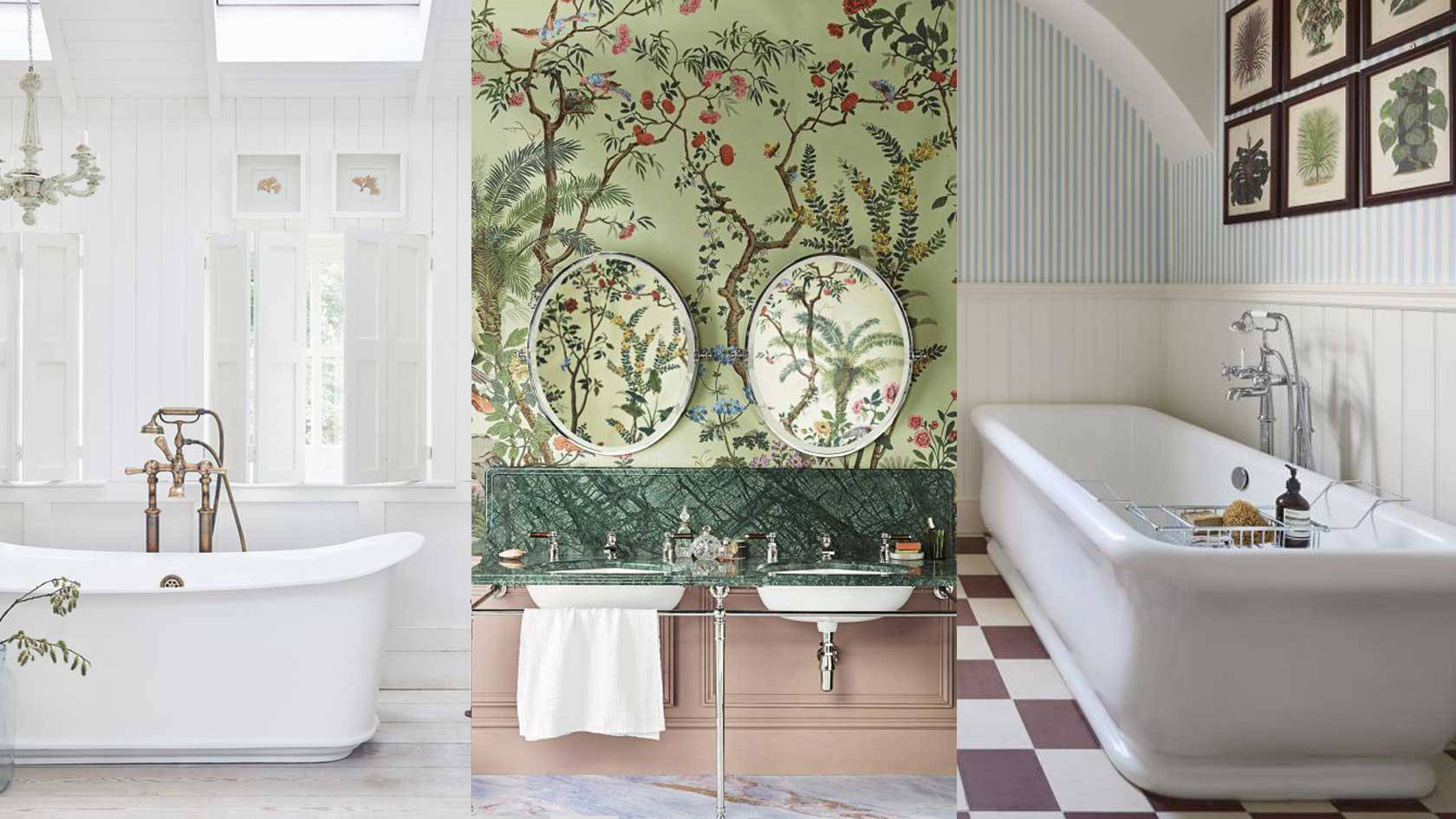 two white bathtubs, vintage bathroom, floral wallpaper, HD Desktop Wallpaper