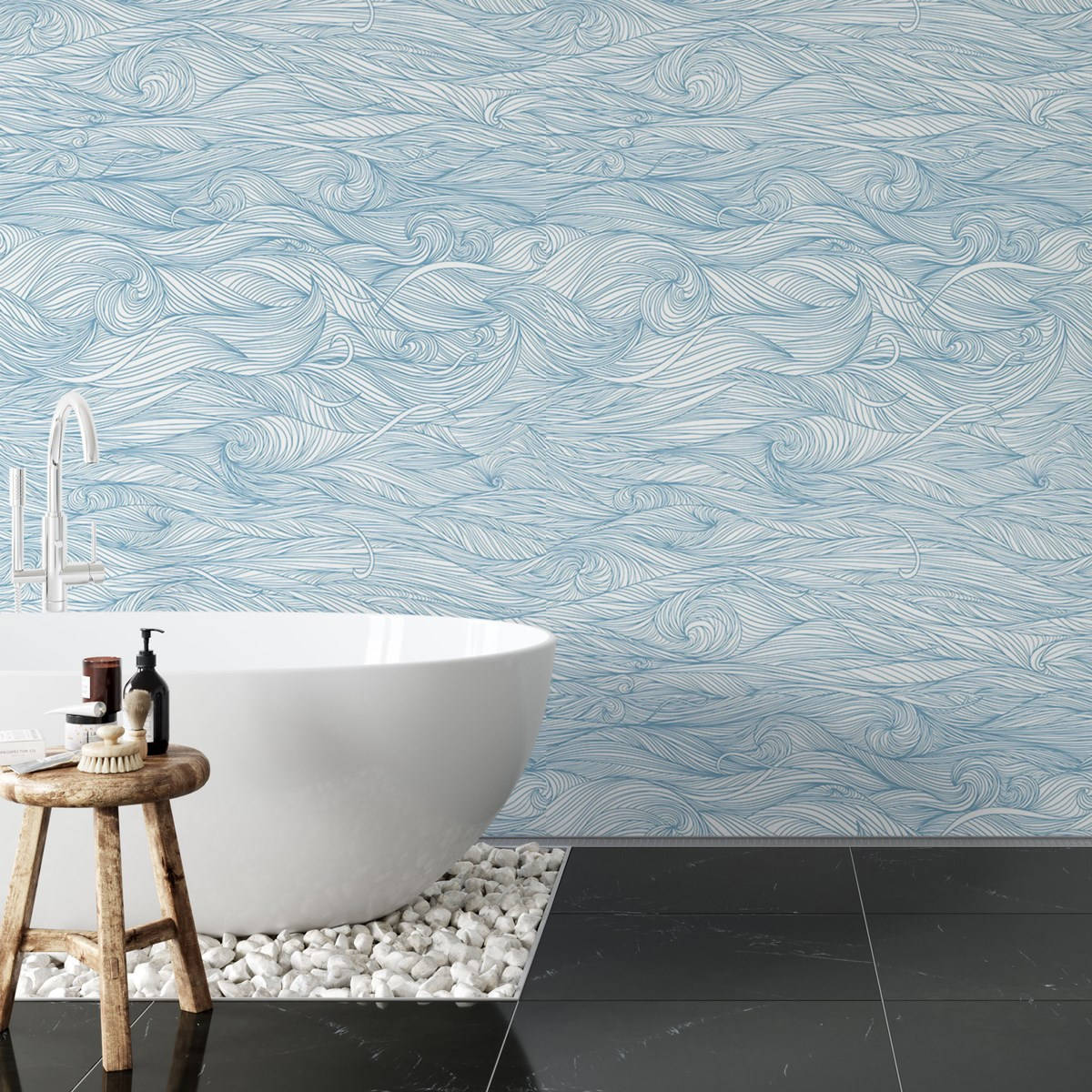 freestanding white tub, blue wave-patterned wallpaper, modern bathroom, SD Desktop Wallpaper