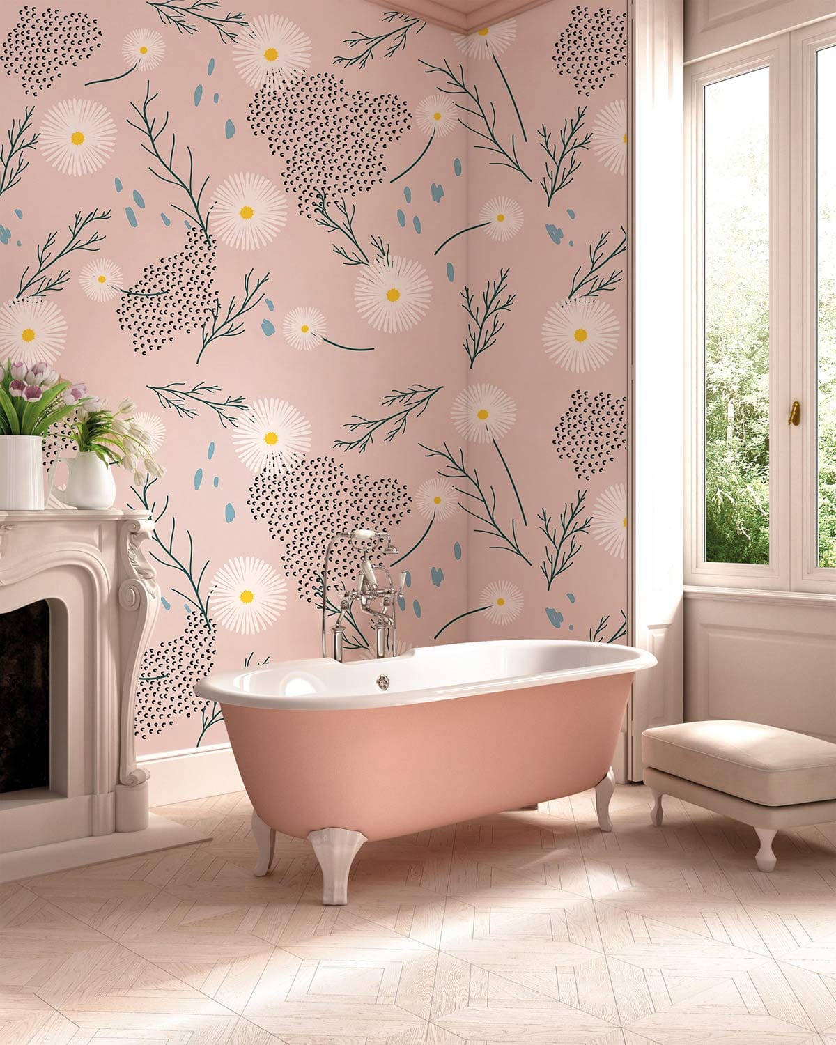 vintage pink clawfoot bathtub, sunlit bathroom, floral wallpaper, HD Phone Wallpaper
