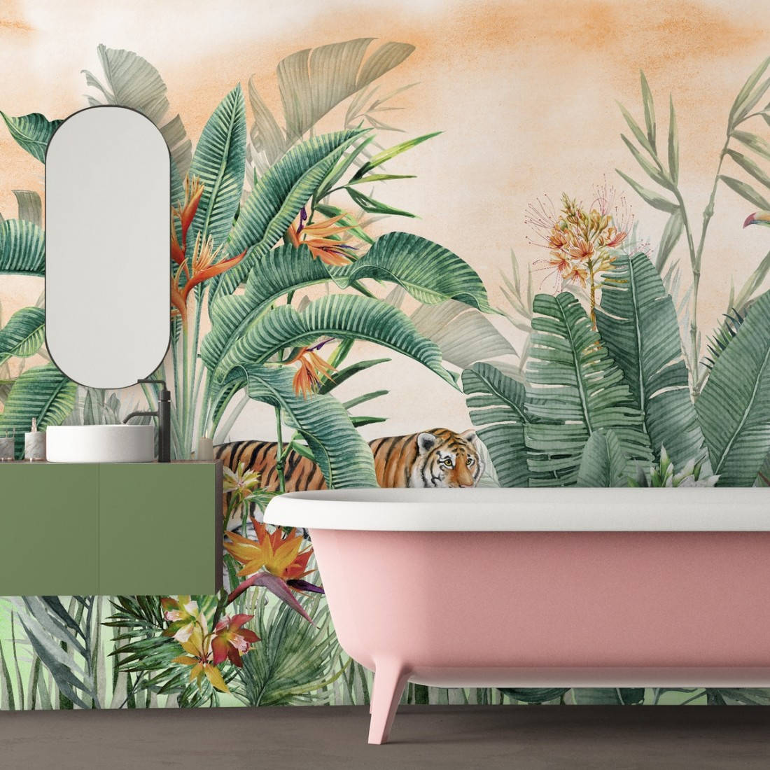 pink clawfoot bathtub, tropical wallpaper, tiger, SD Desktop Wallpaper