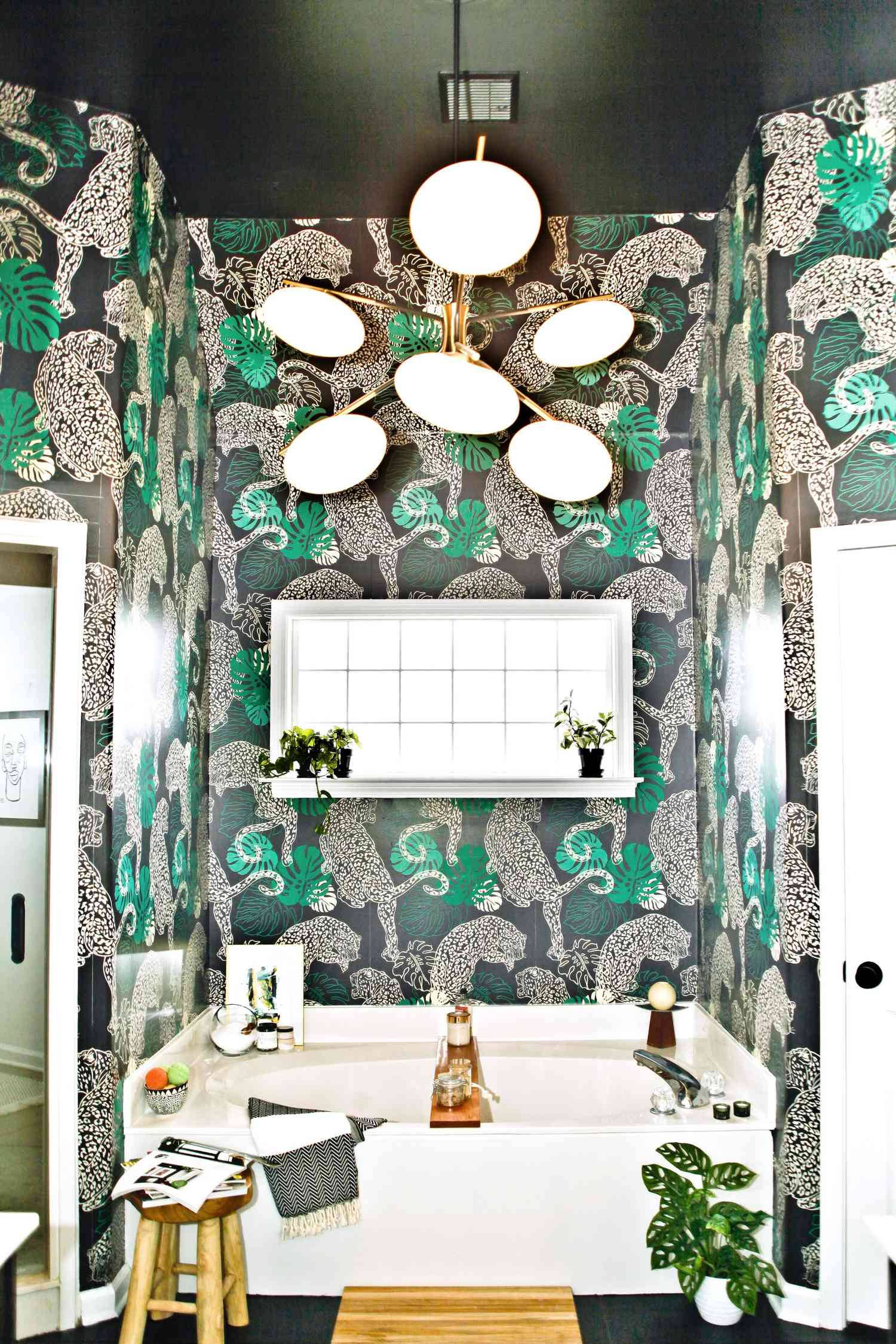 Bathtub, leopard wallpaper art, bold green and white monstera leaf wallpaper, Full HD Phone Wallpaper