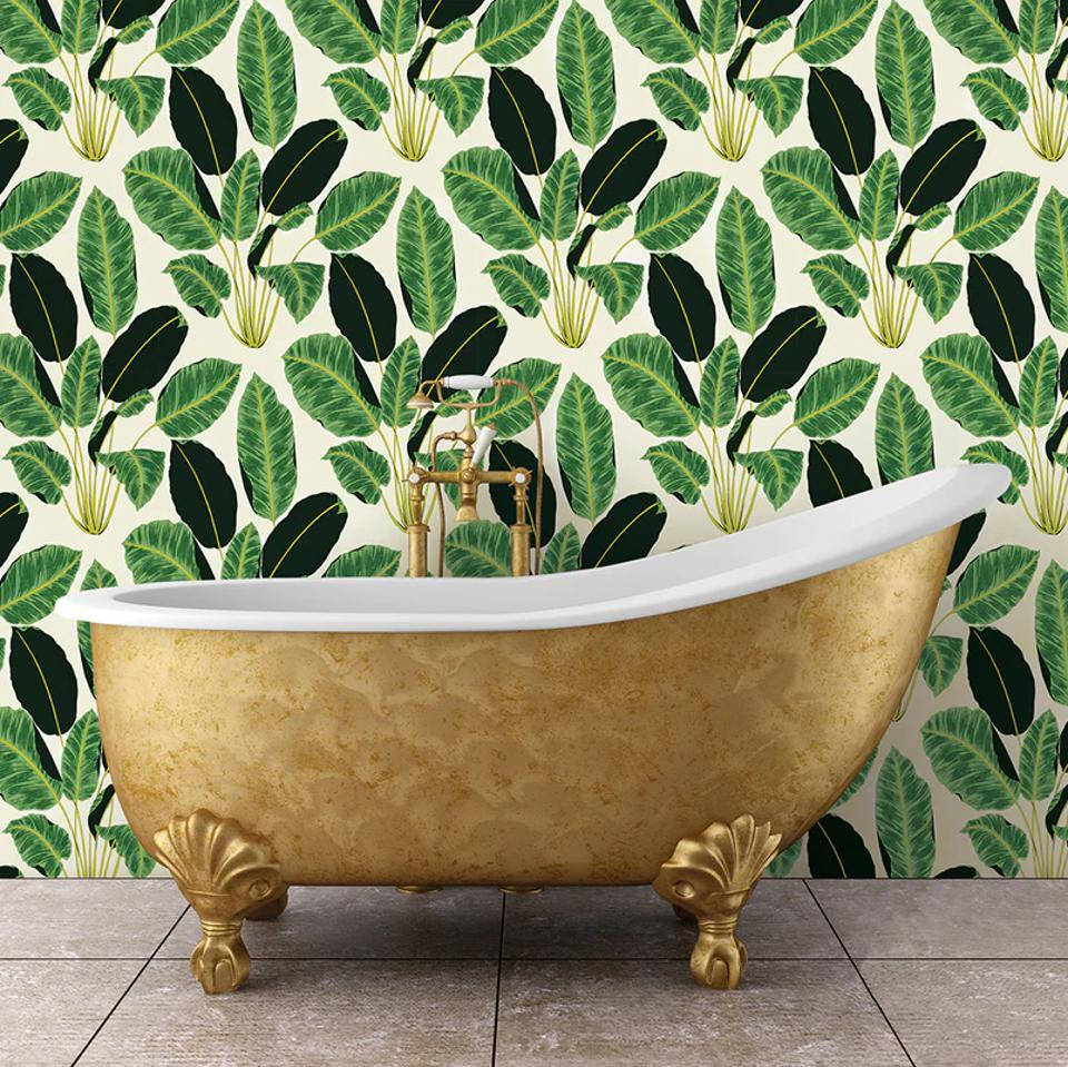 gold clawfoot bathtub, brass fixtures, lush green tropical leaf wallpaper, SD Desktop Wallpaper