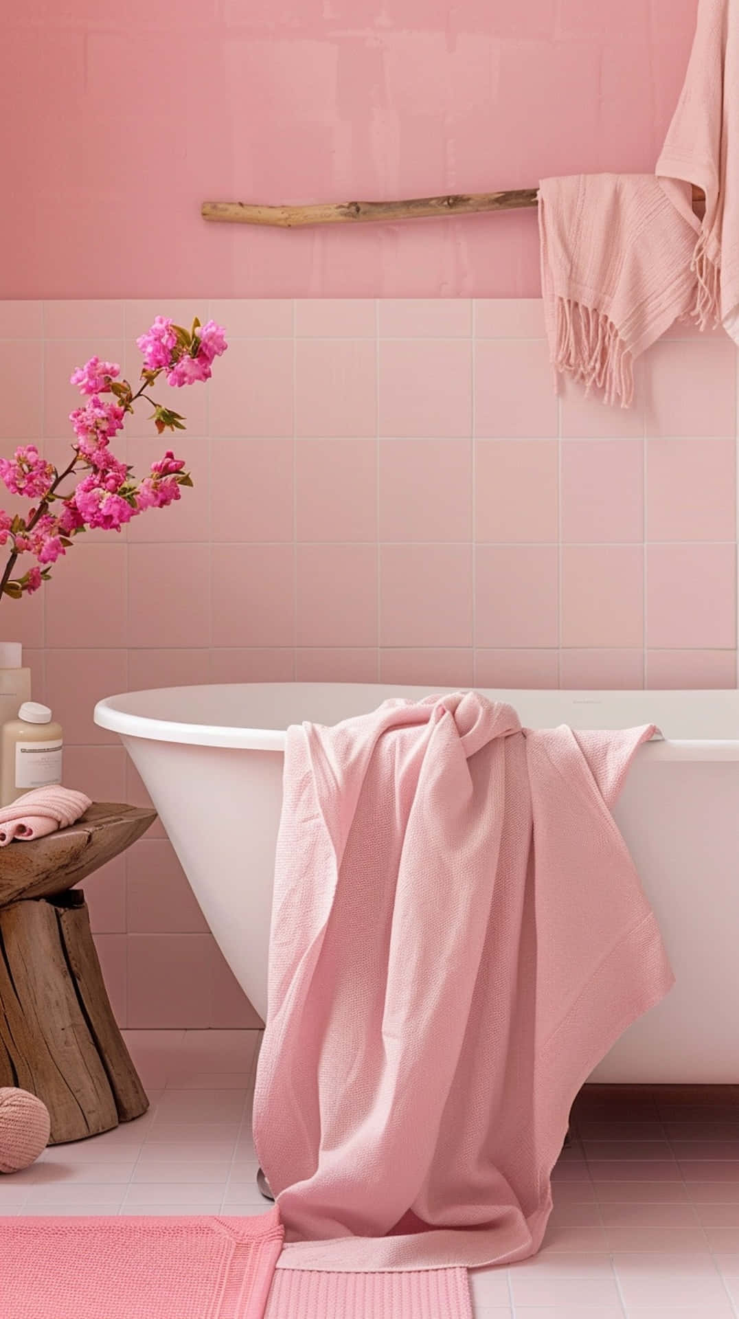 pink bathroom, white freestanding tub, soft pink towel, Full HD Phone Wallpaper