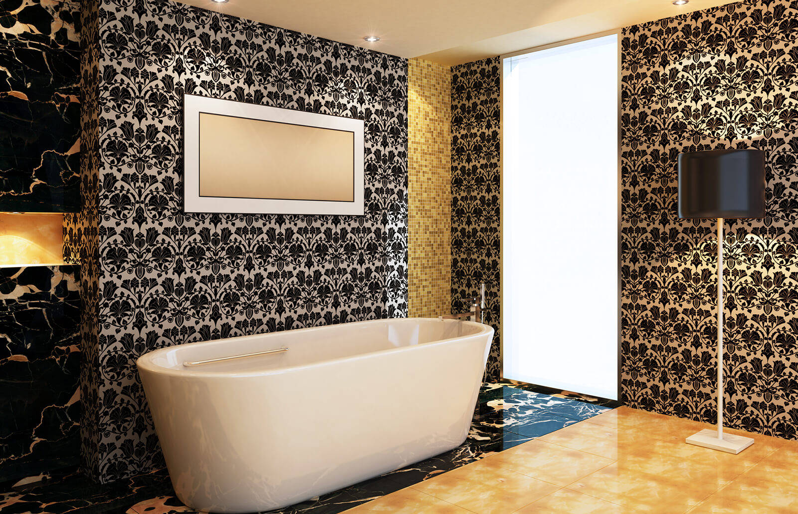 freestanding white bathtub, black and gold damask wallpaper, luxurious modern bathroom, HD Desktop Wallpaper