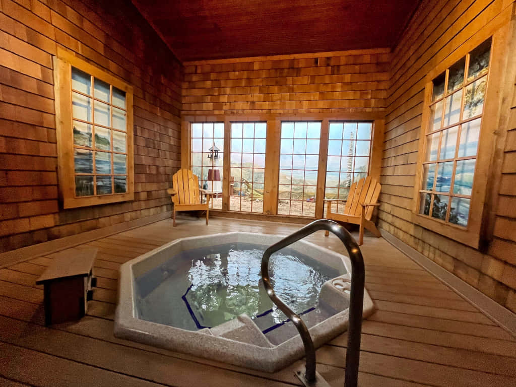 hexagonal hot tub, wood-paneled room, large windows, SD Desktop Wallpaper