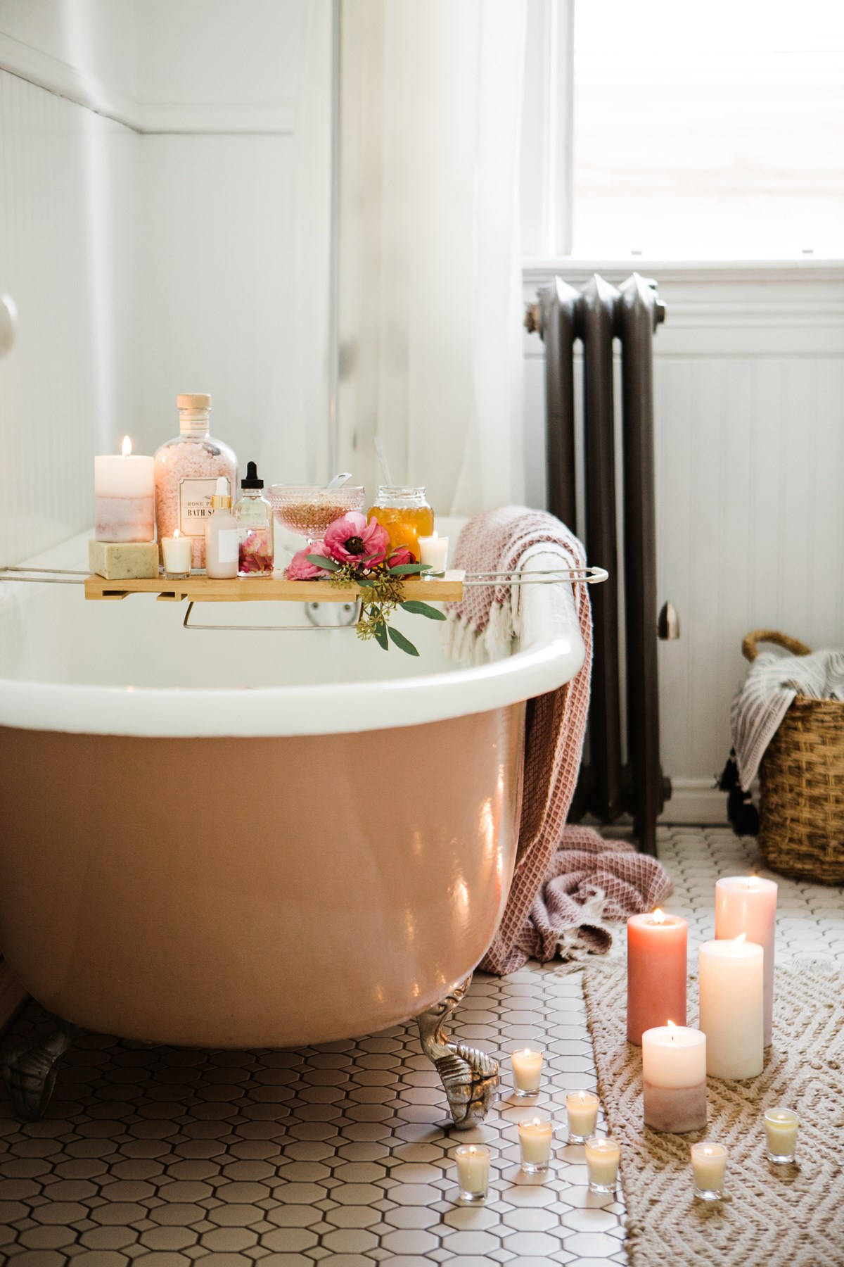 copper bathtub, bath salts, candles, HD Phone Wallpaper