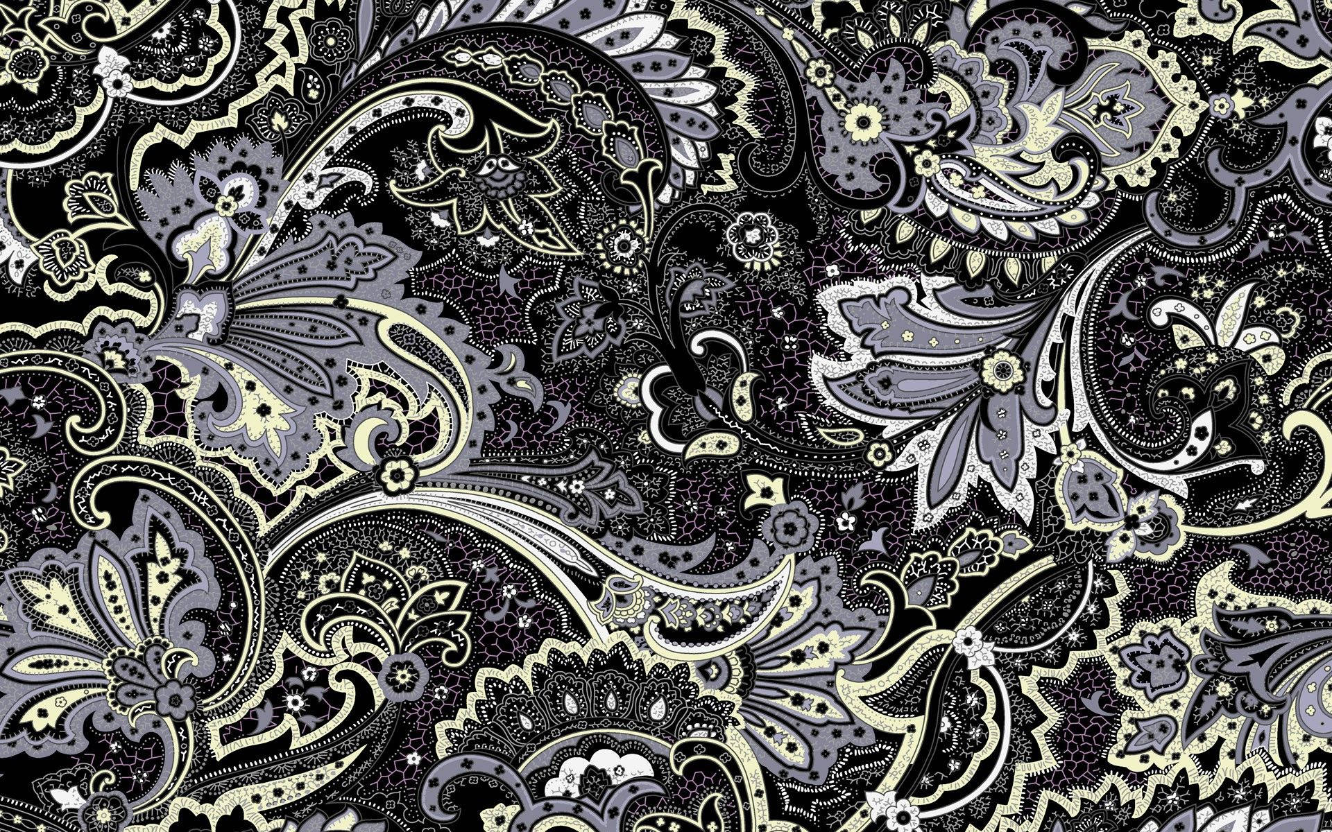 Batik, black and cream paisley pattern, swirling floral motifs, Full HD Desktop Wallpaper
