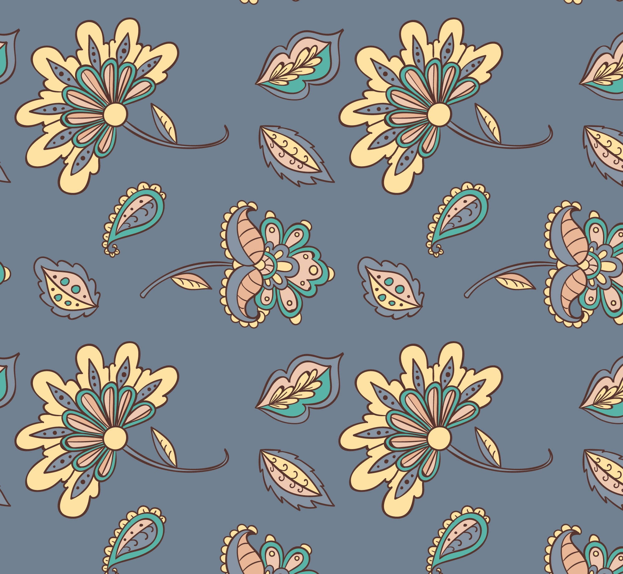 Batik, yellow flowers, cream teal, Full HD Desktop Wallpaper