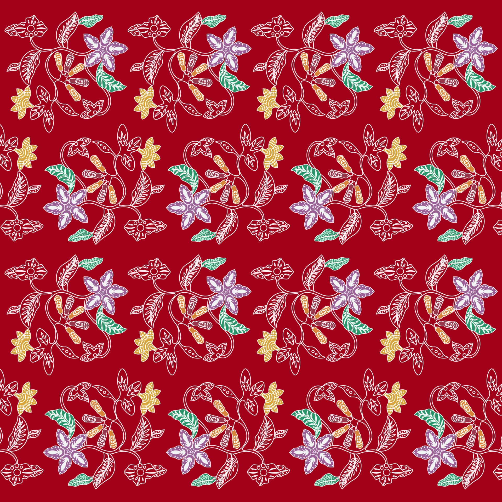 Indonesian floral art, vibrant red background, stylized floral vines, Full HD Desktop Wallpaper