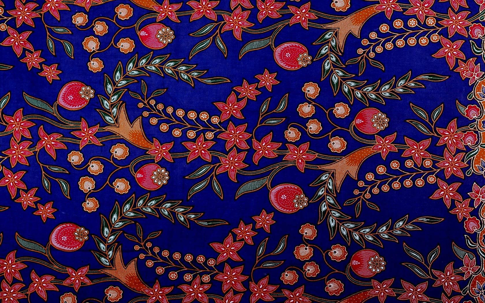 blue pink batik, vibrant red flowers, birds, HD Desktop Wallpaper