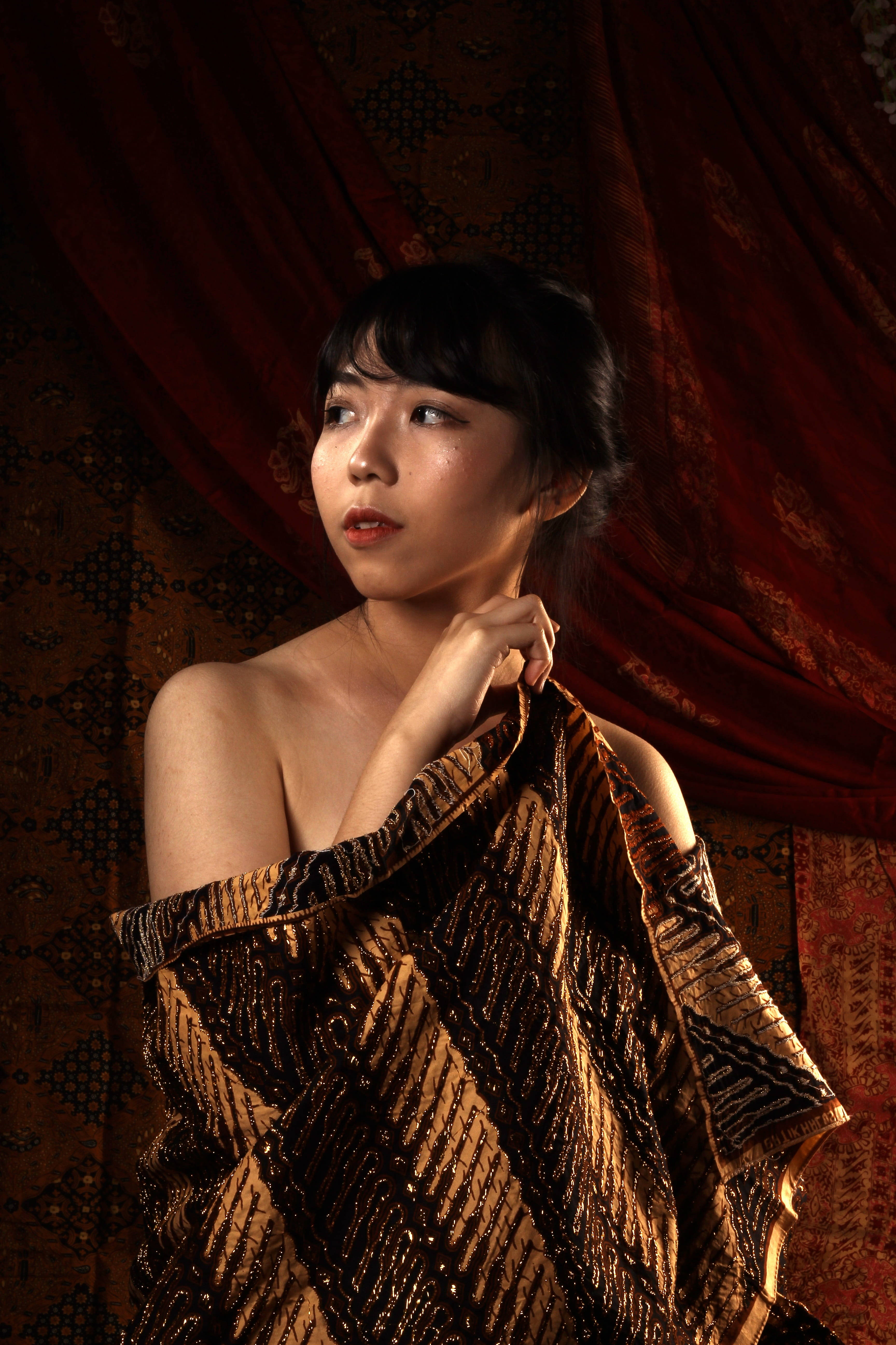 batik, golden patterned fabric, red velvet curtains, 5K Phone Wallpaper