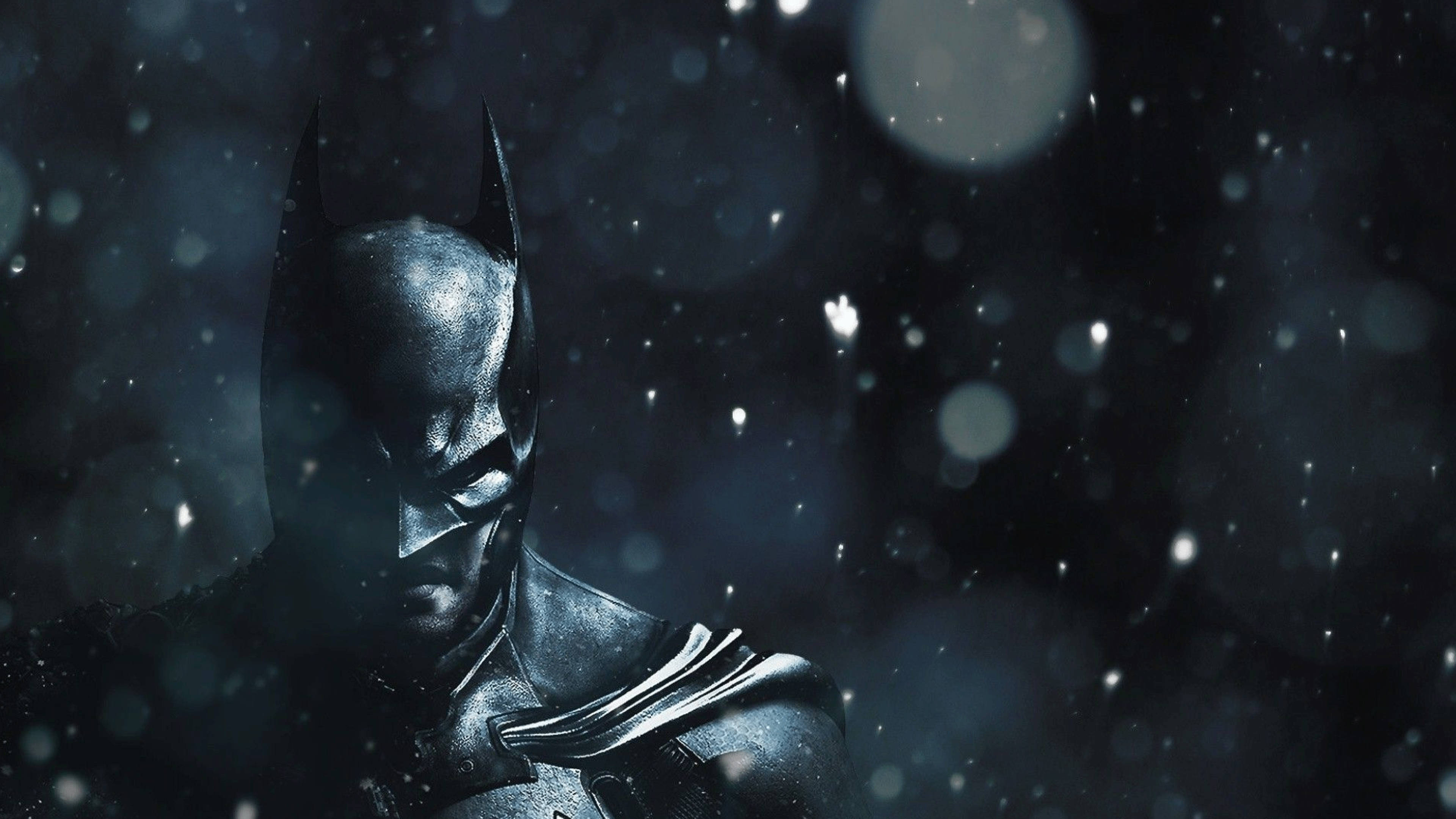 Batman, white bubble bokeh, snowy night, 4K Desktop Wallpaper