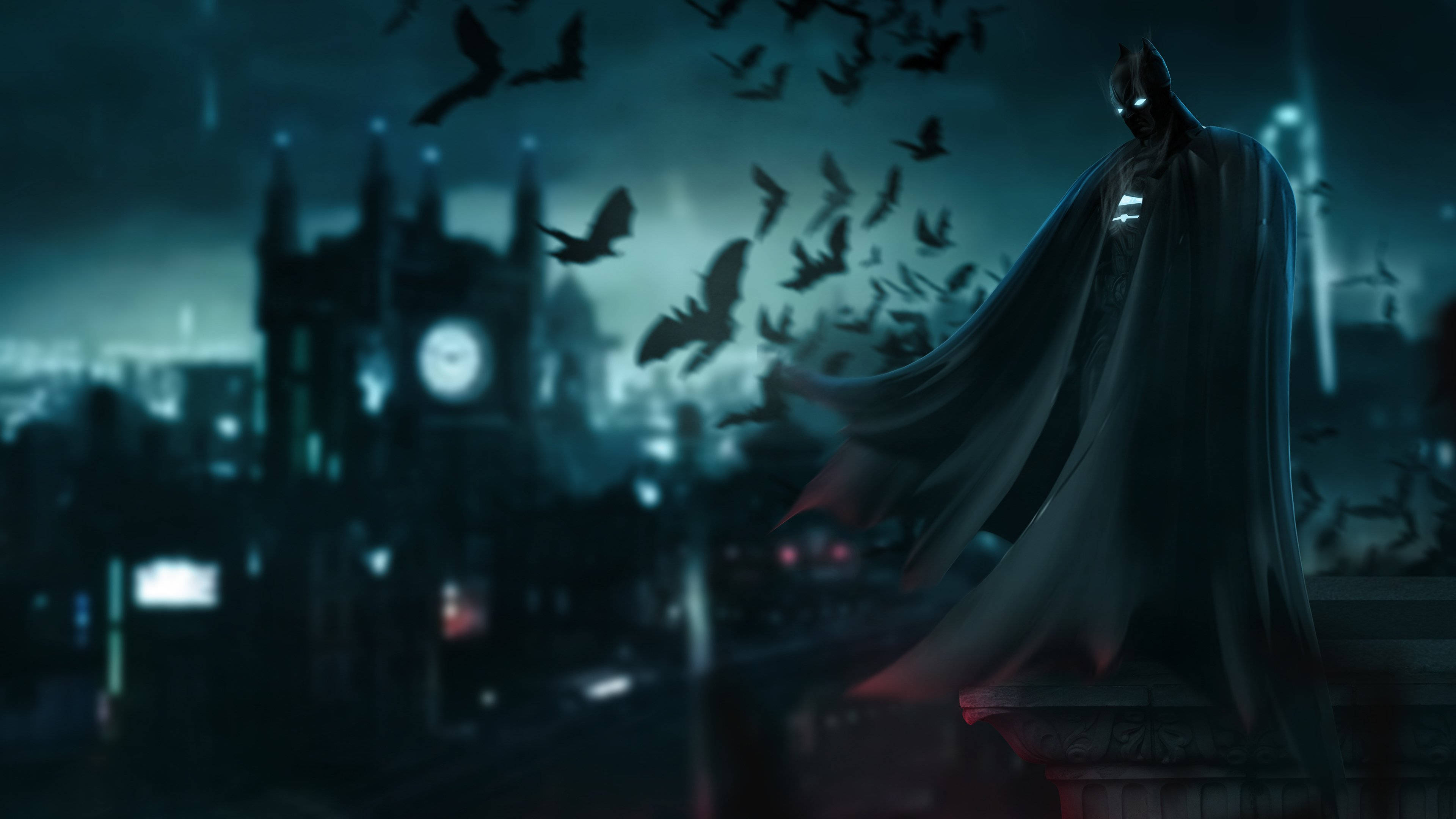 Batman, rooftop, night, 4K Desktop Wallpaper