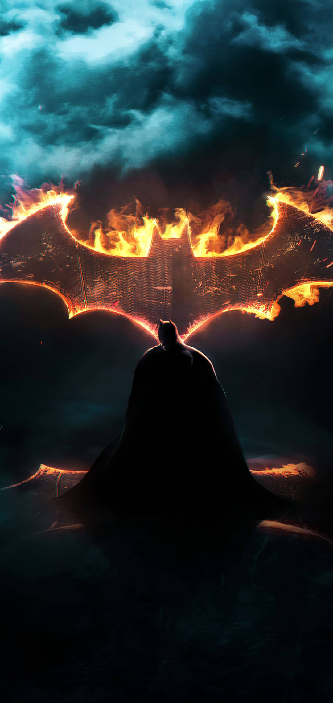 Batman, fiery bat symbol, stormy teal clouds, Full HD Phone Wallpaper