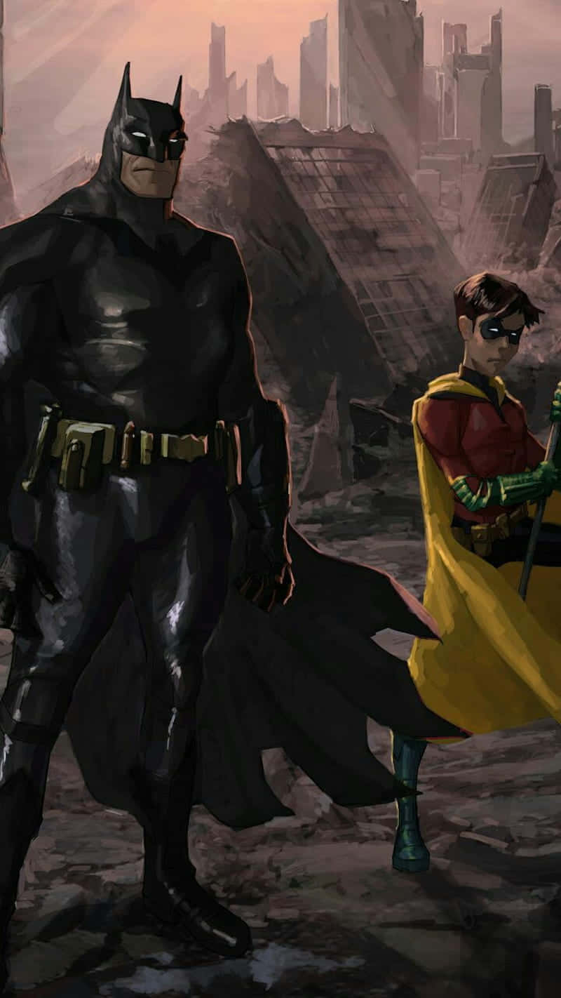 Batman, Robin, ruined cityscape, HD Phone Wallpaper