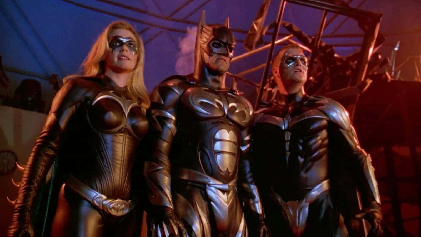 Batman And Robin, metallic suits, red and blue lighting, HD Desktop Wallpaper