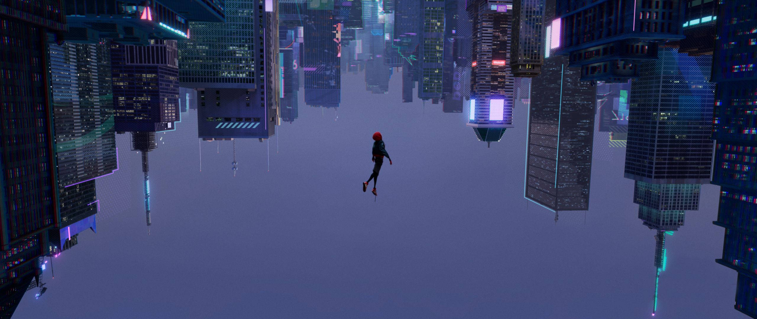 Spiderman, red helmet, neon-lit futuristic cityscape, 2K Desktop Wallpaper