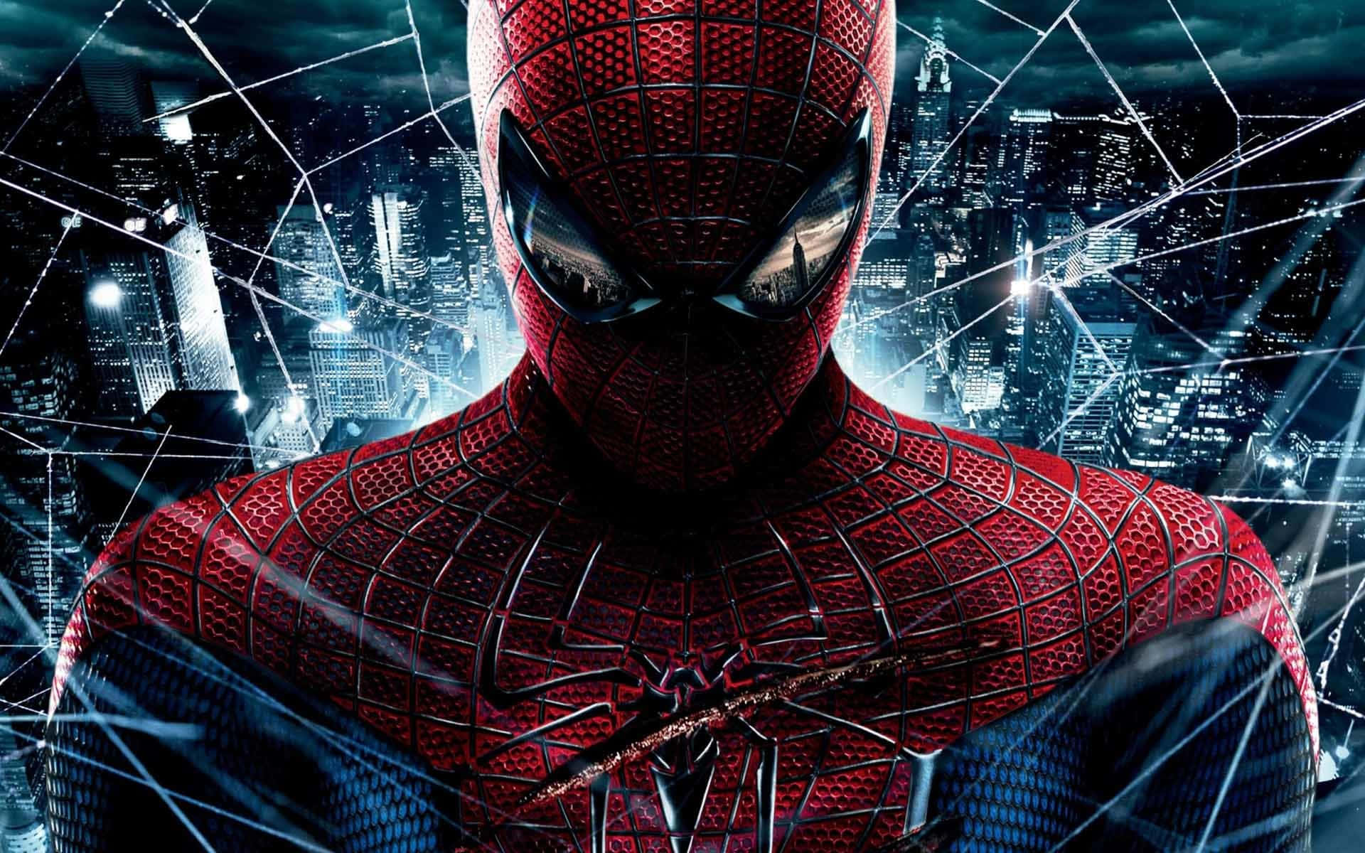 Spiderman, red and blue suit, glowing webbed city skyline, Full HD Desktop Wallpaper