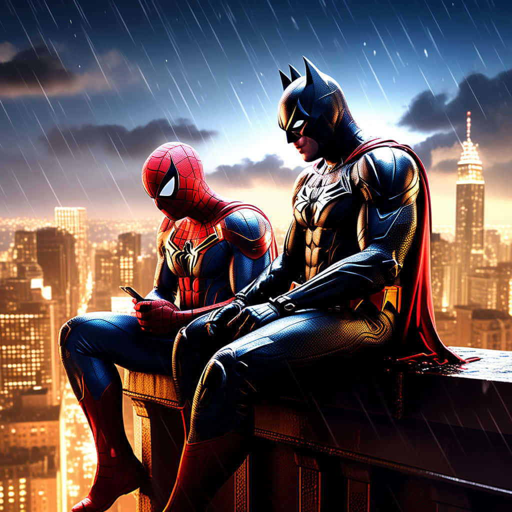 Spiderman, Batman, rain-slicked rooftop, SD Desktop Wallpaper