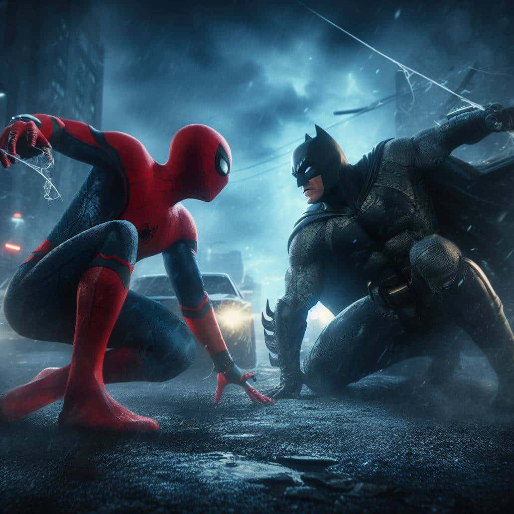 Batman, Spiderman, rain soaked city street, SD Desktop Wallpaper