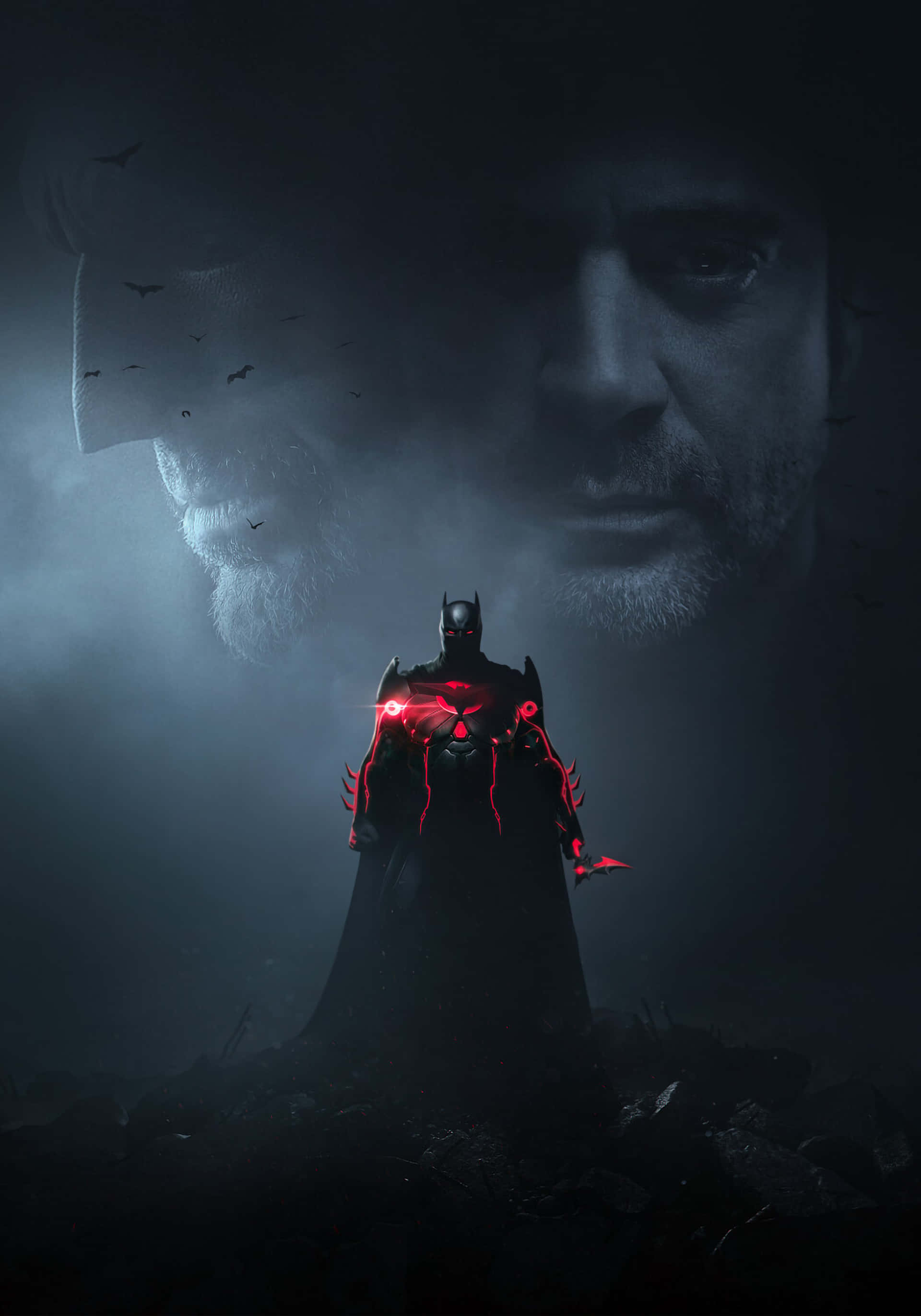 Batman Android, glowing red armor, ghostly face, 2K Phone Wallpaper