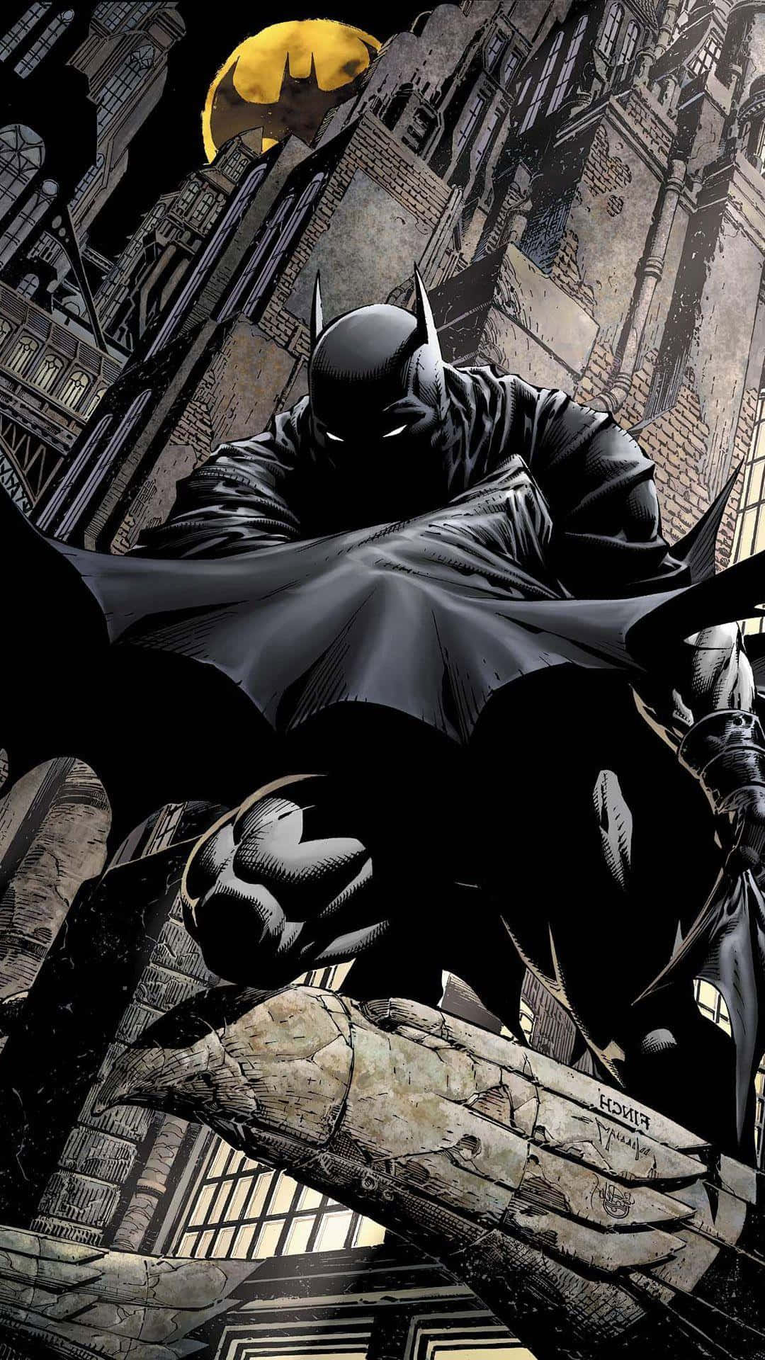 Batman, robotic sidekick, glowing yellow bat symbol moon, Full HD Phone Wallpaper