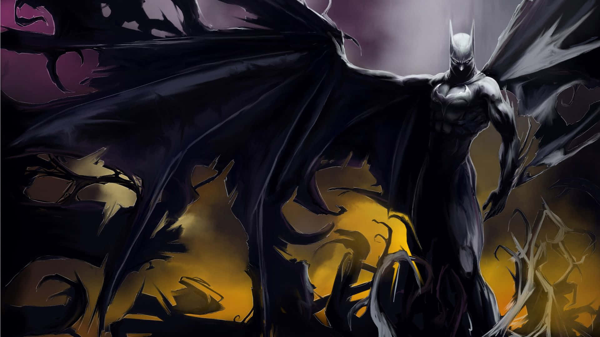 Batman, bat-like wings, fiery orange, Full HD Desktop Wallpaper