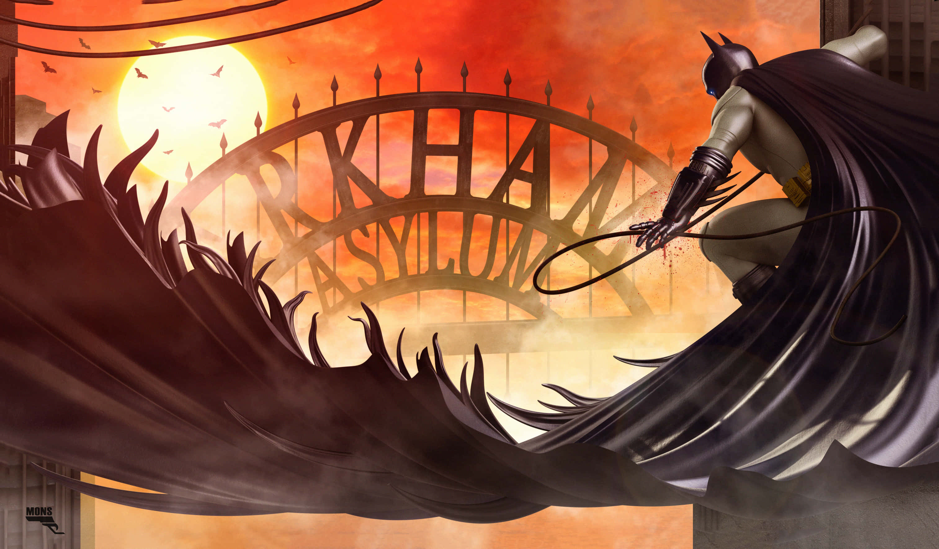 Batman, Arkham Asylum, fiery sunset, 2K Desktop Wallpaper