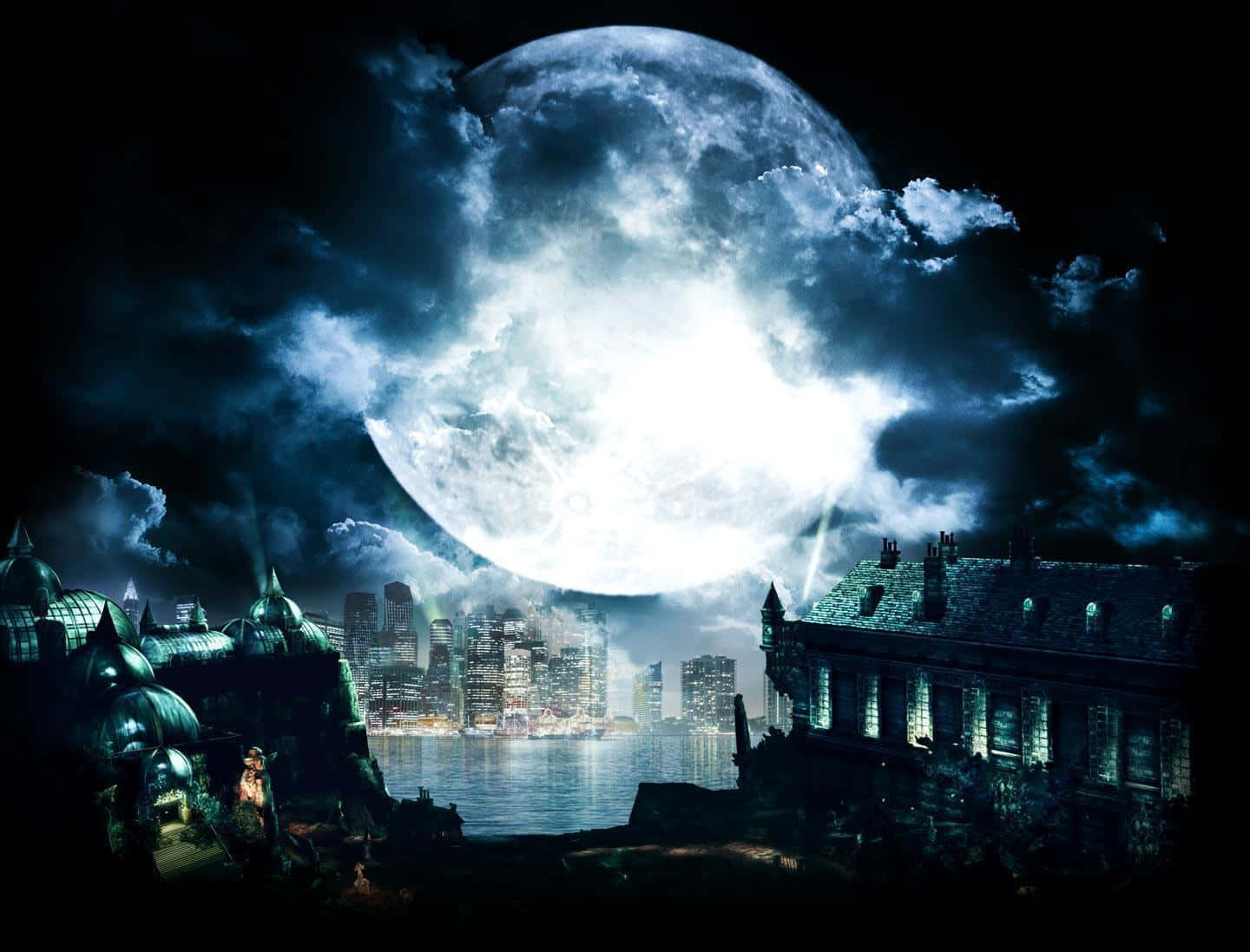 Batman Arkham Asylum, moon, dark cityscape, HD Desktop Wallpaper