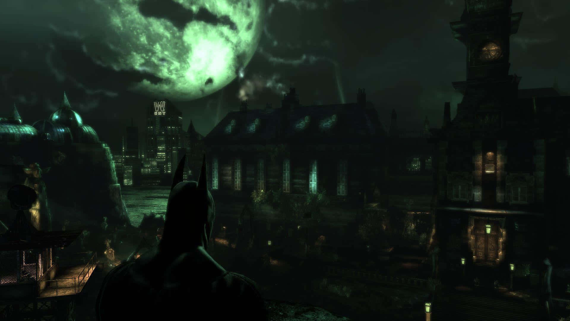 Batman, Arkham Asylum, glowing green moon, Full HD Desktop Wallpaper
