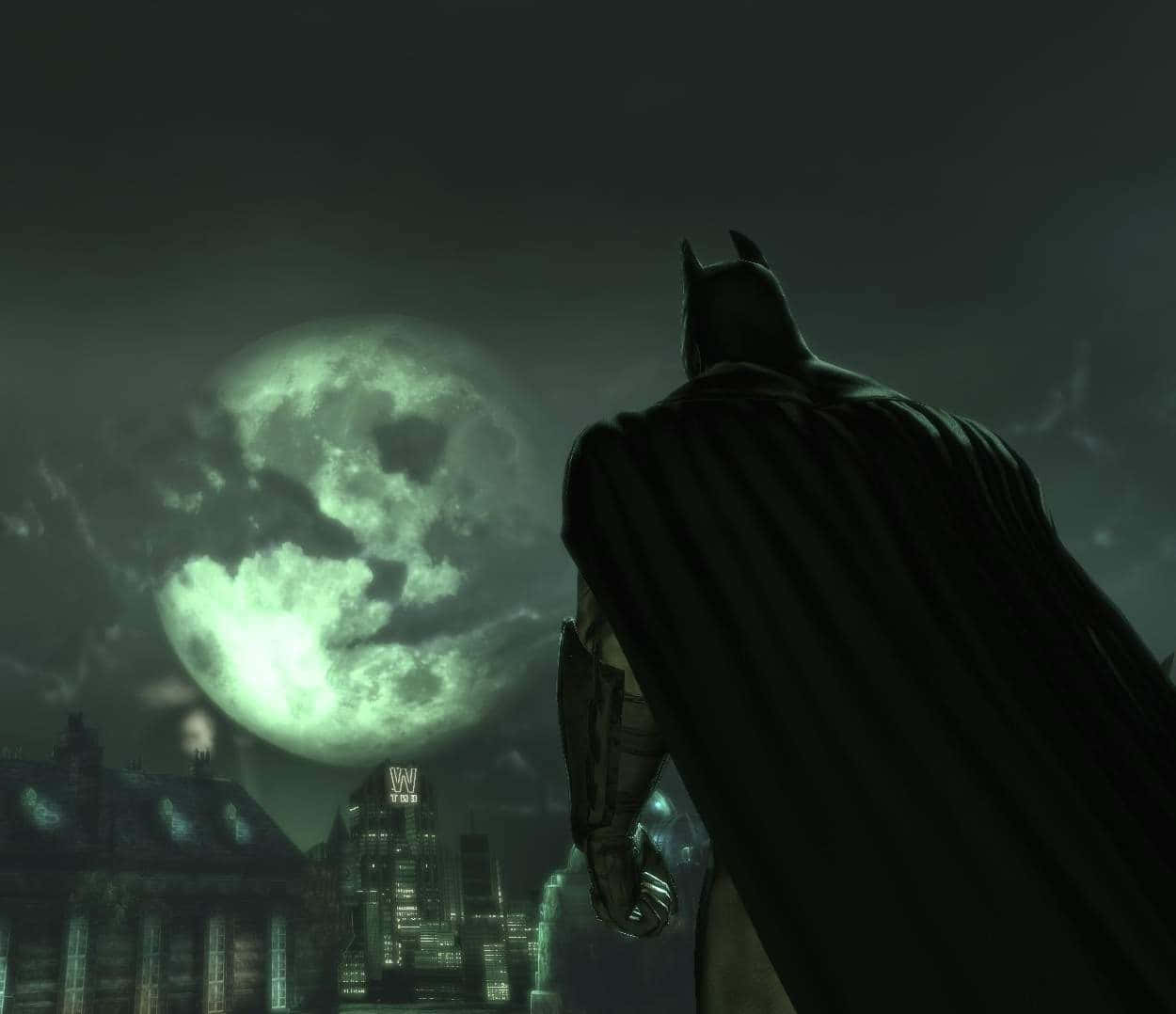Batman, Arkham Asylum, glowing moon shaped like his symbol, SD Desktop Wallpaper